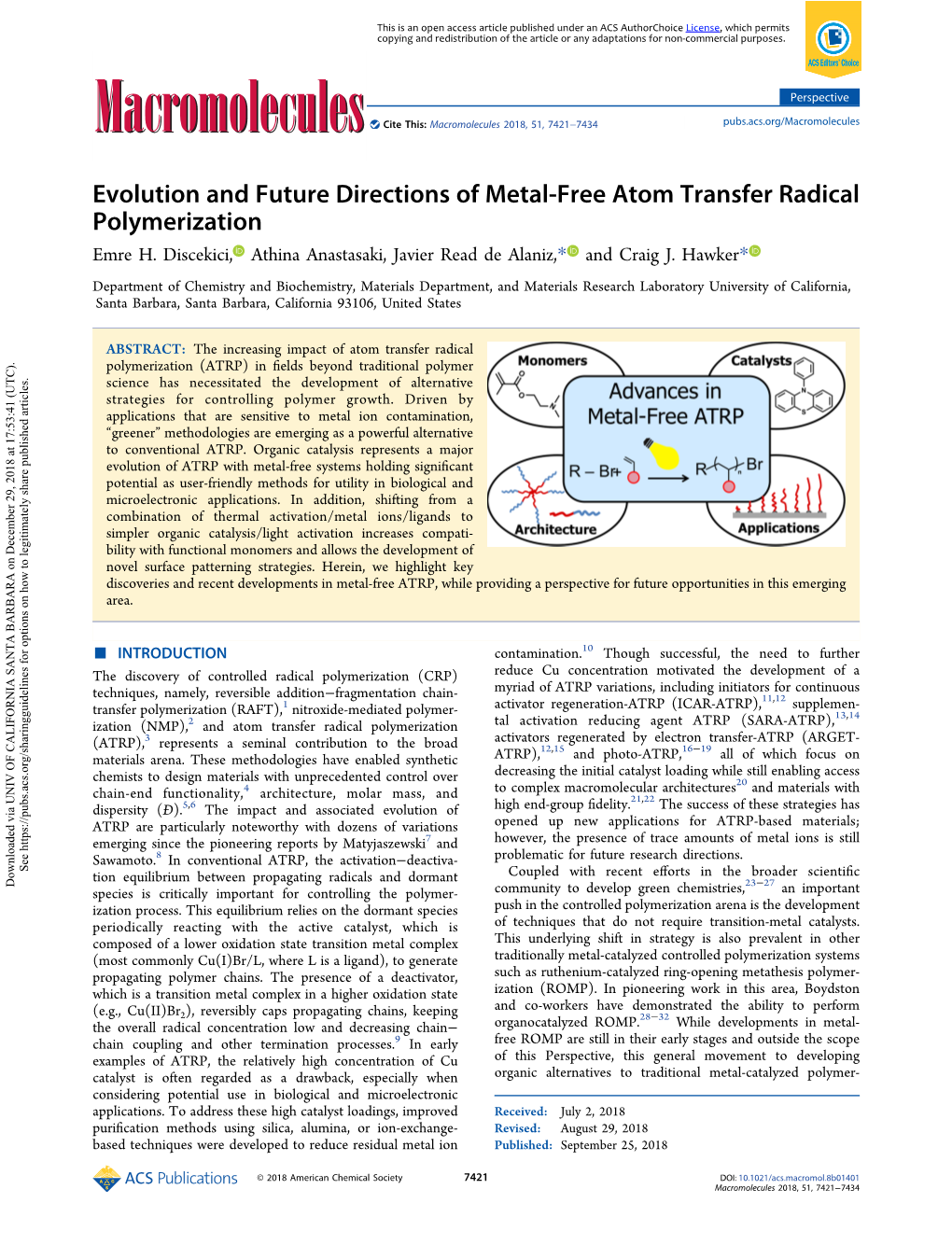 Evolution and Future Directions of Metal-Free Atom Transfer Radical Polymerization Emre H