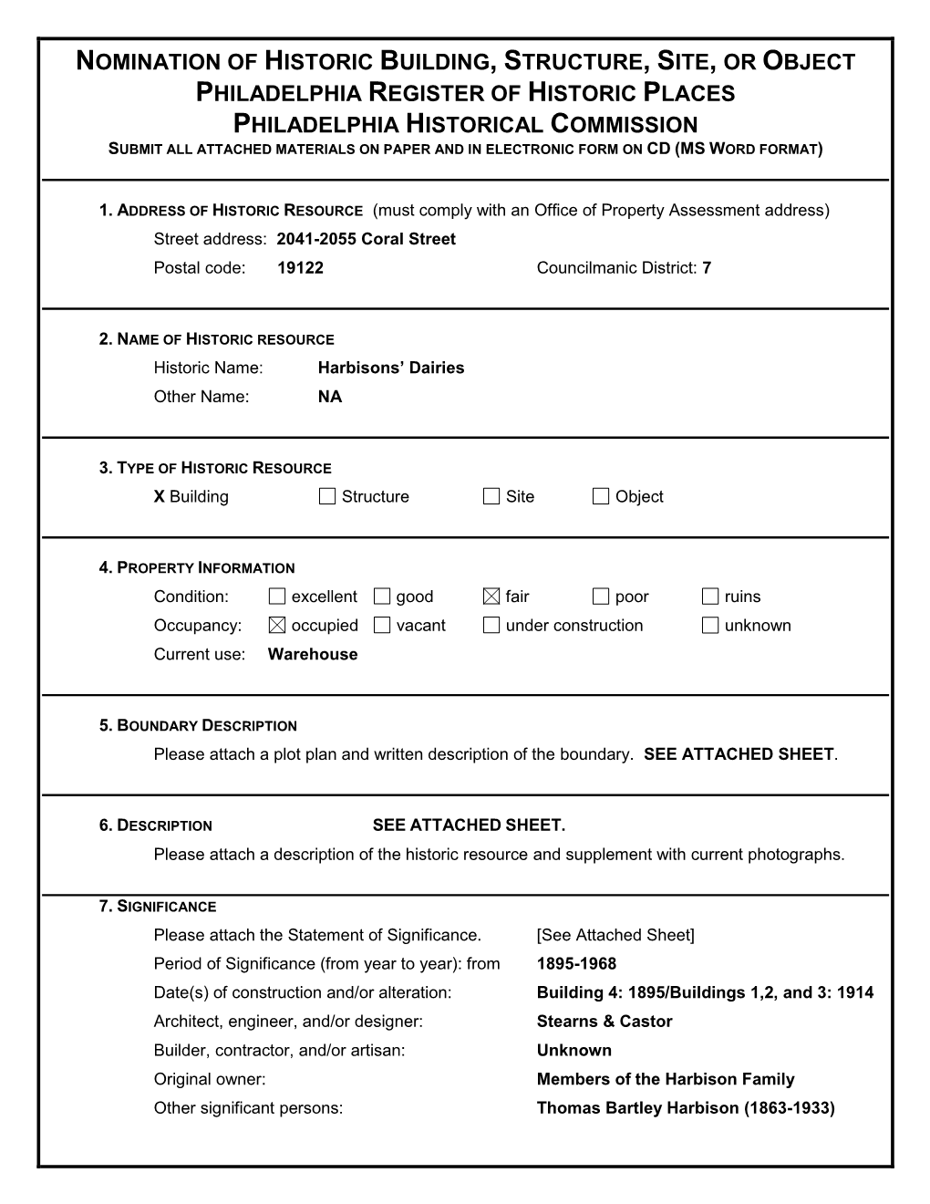 Nomination of Historic Building, Structure, Site, Or Object