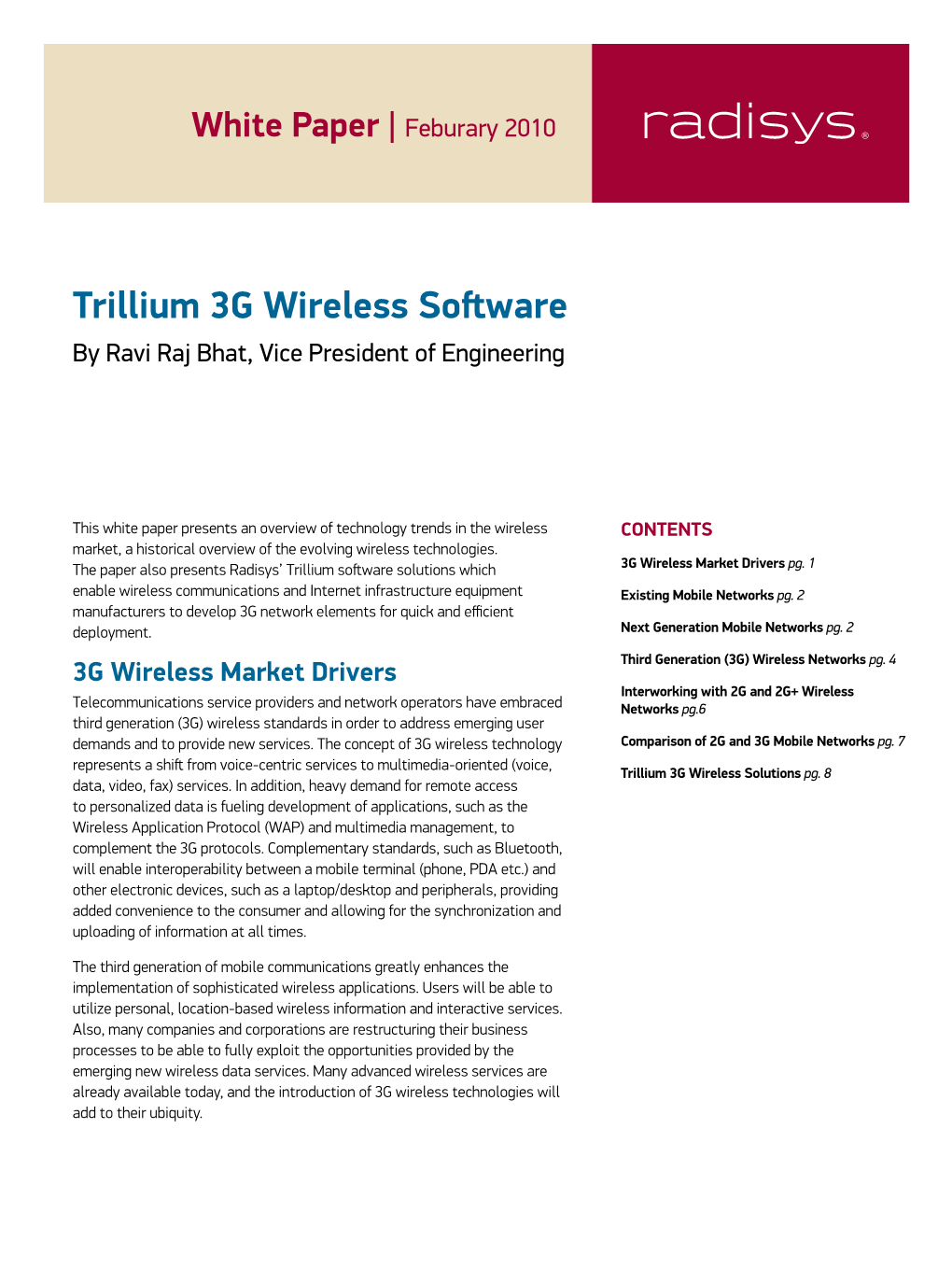 Trillium 3G Wireless Software White Paper | Radisys