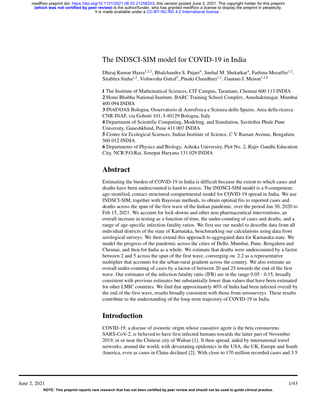 The INDSCI-SIM Model for COVID-19 in India