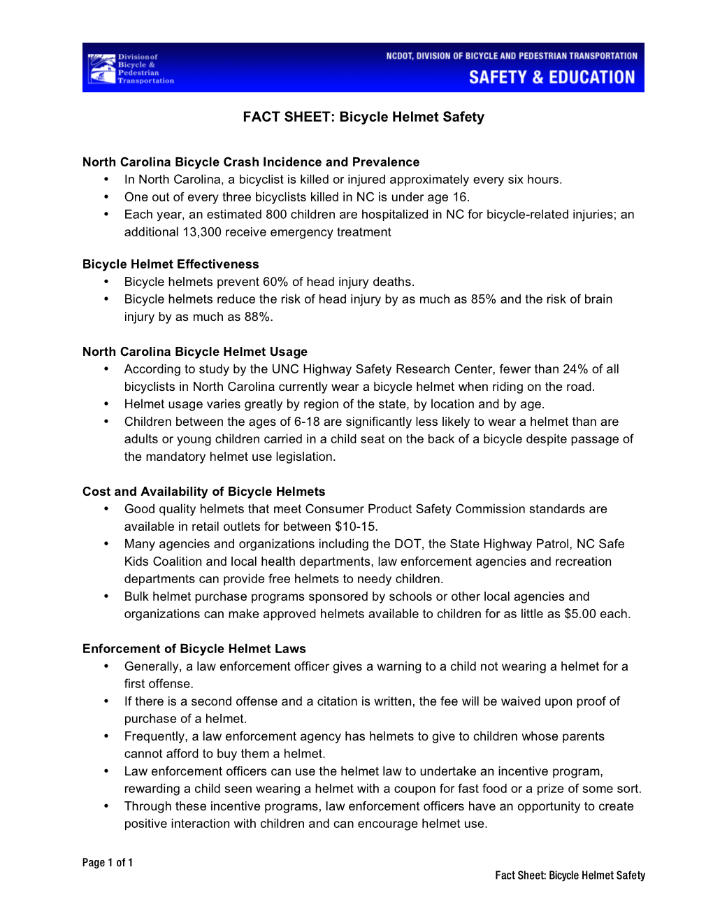 FACT SHEET: Bicycle Helmet Safety