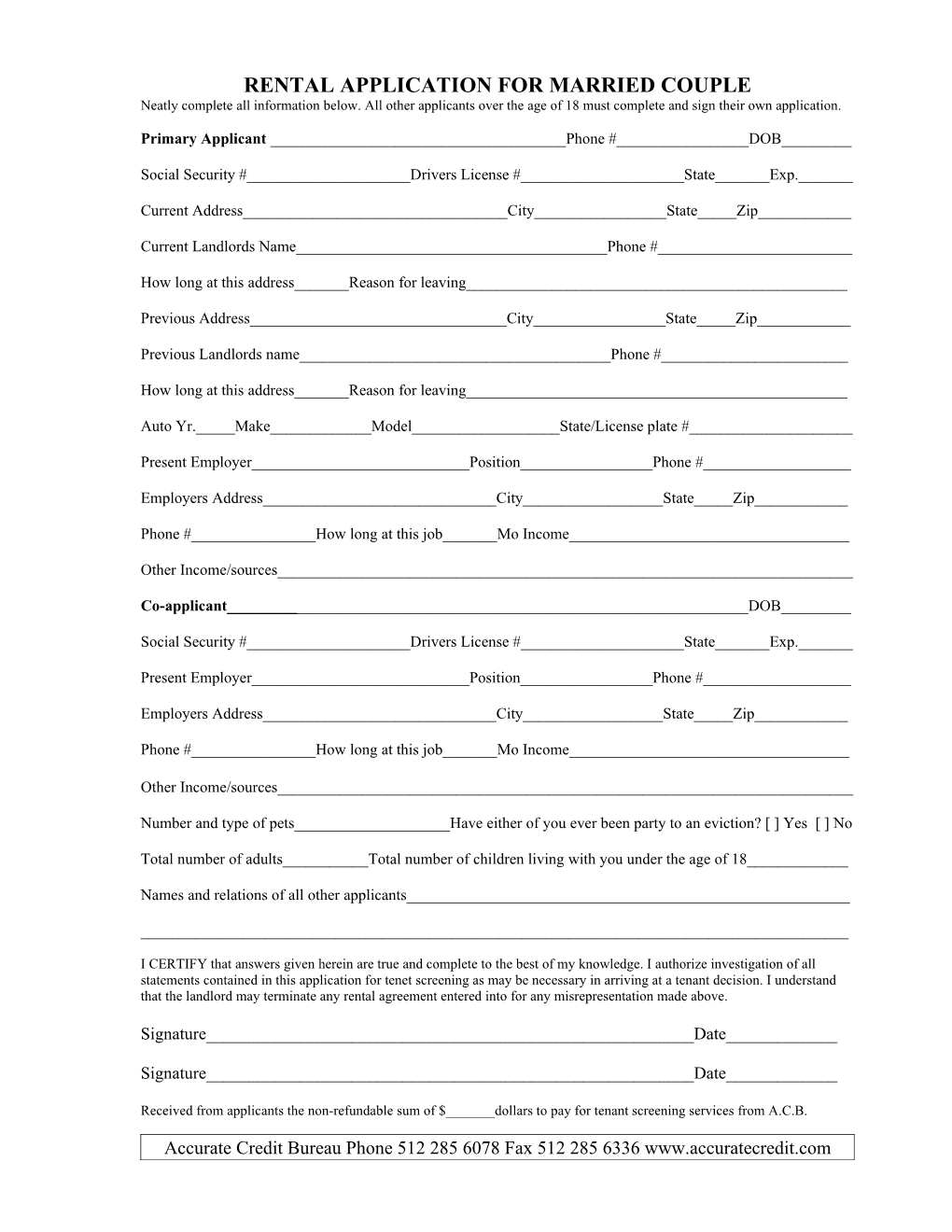 Rental Application For Married Couples