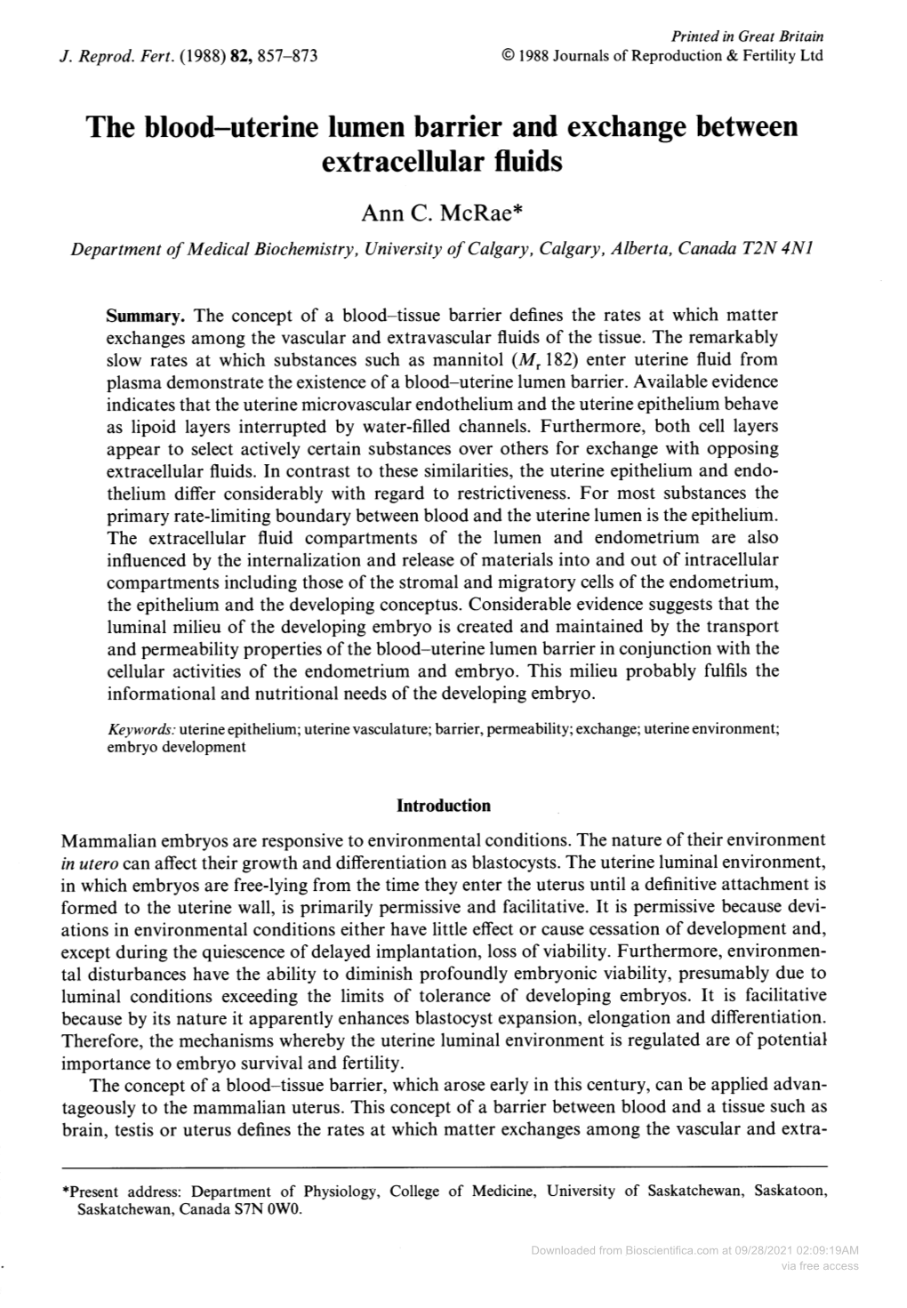 The Blood-Uterine Lumen Barrier and Exchange Between Extracellular Fluids Ann C