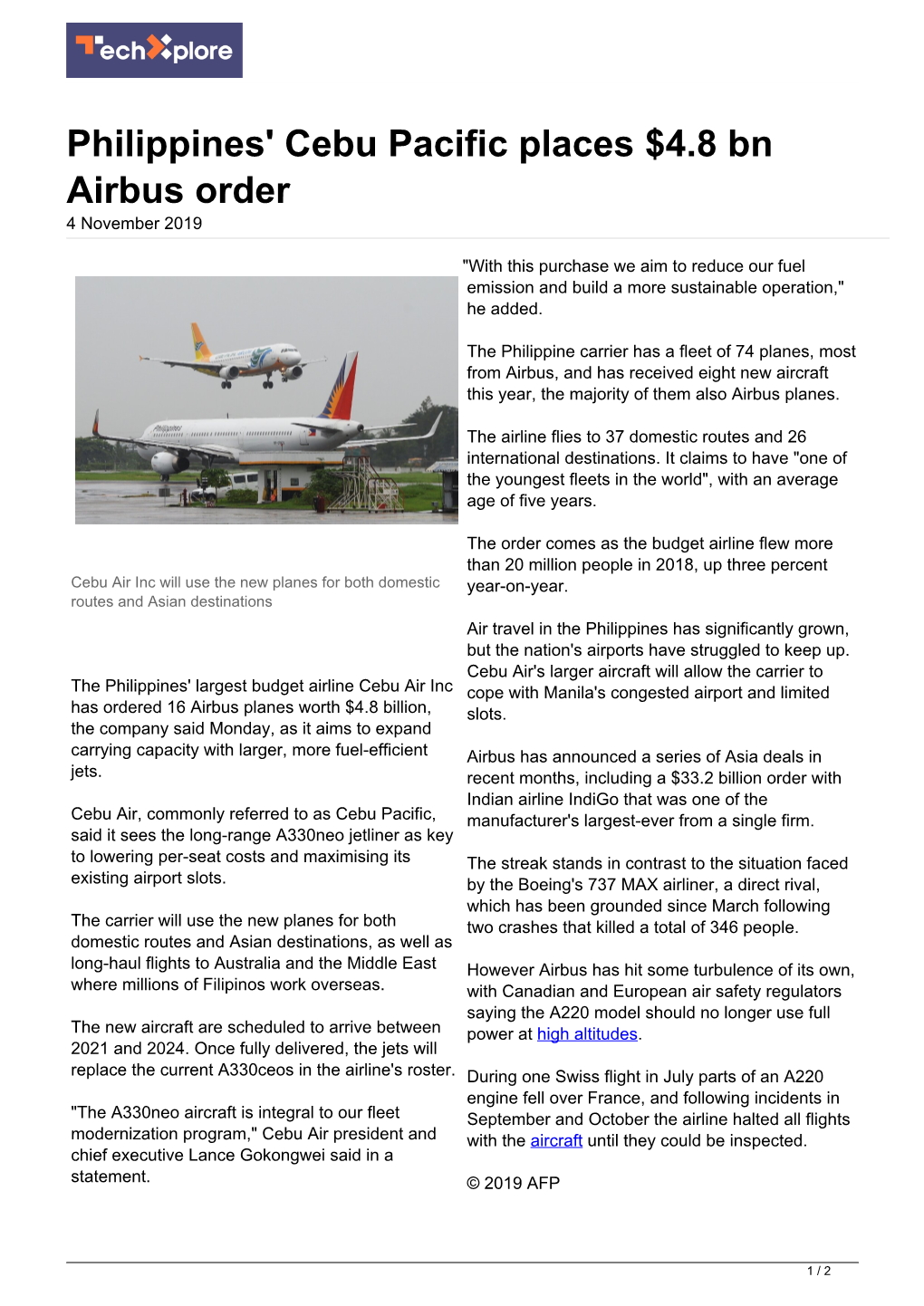 Philippines' Cebu Pacific Places $4.8 Bn Airbus Order 4 November 2019