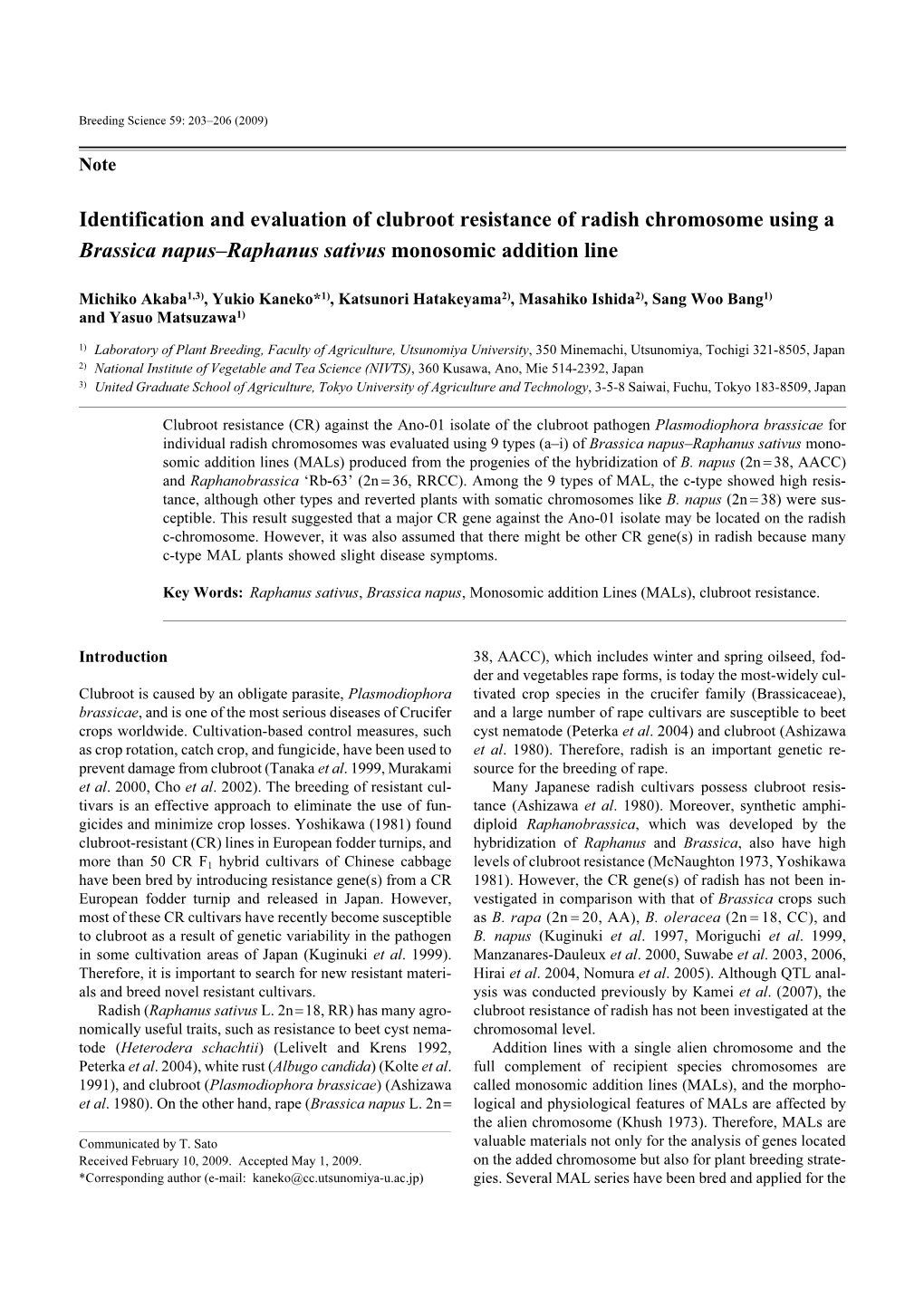 Identification and Evaluation of Clubroot Resistance of Radish Chromosome Using a Brassica Napus–Raphanus Sativus Monosomic Addition Line