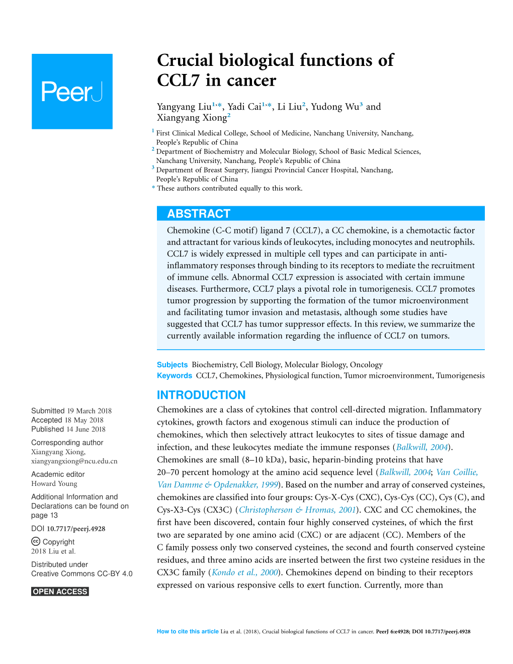 Crucial Biological Functions of CCL7 in Cancer