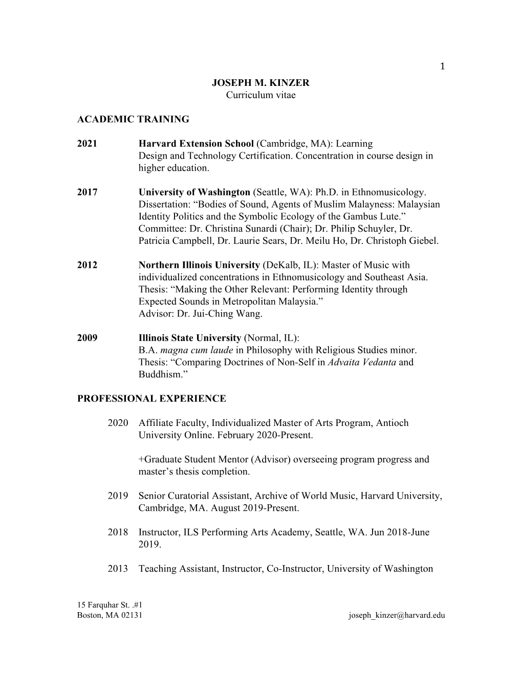 1 JOSEPH M. KINZER Curriculum Vitae