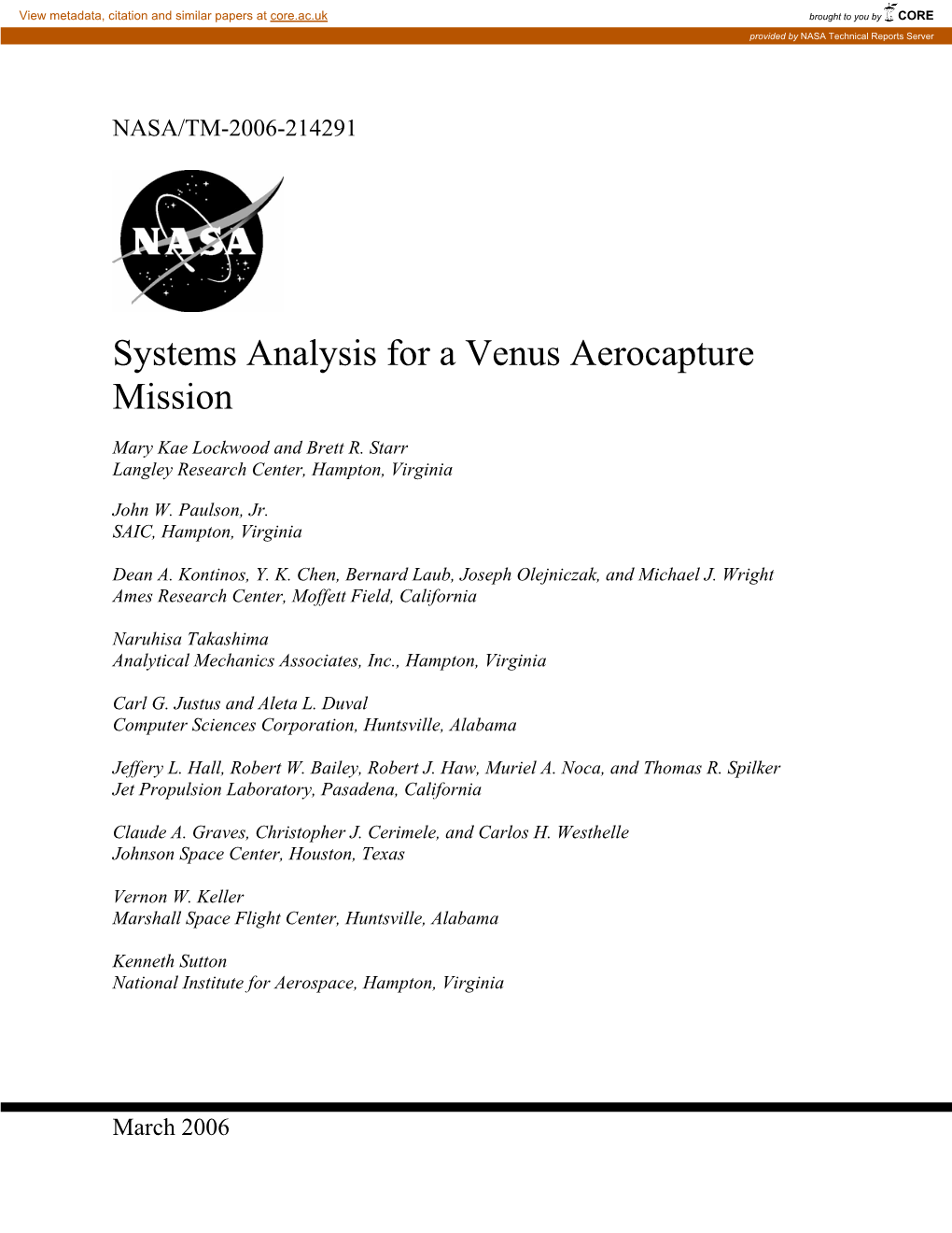 Systems Analysis for a Venus Aerocapture Mission