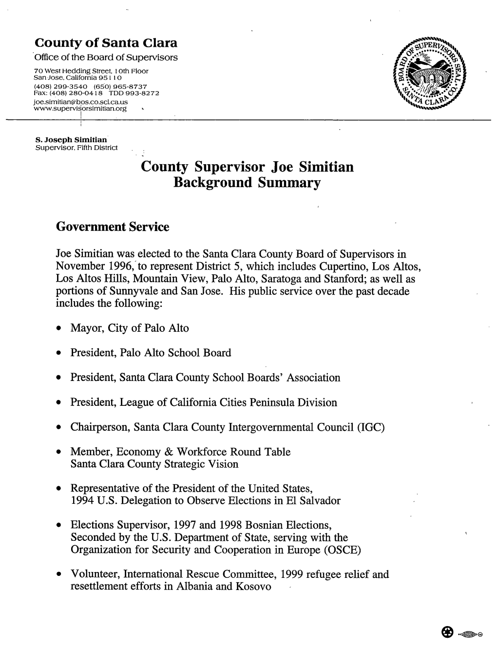 County Supervisor Joe Simitian Background Summary