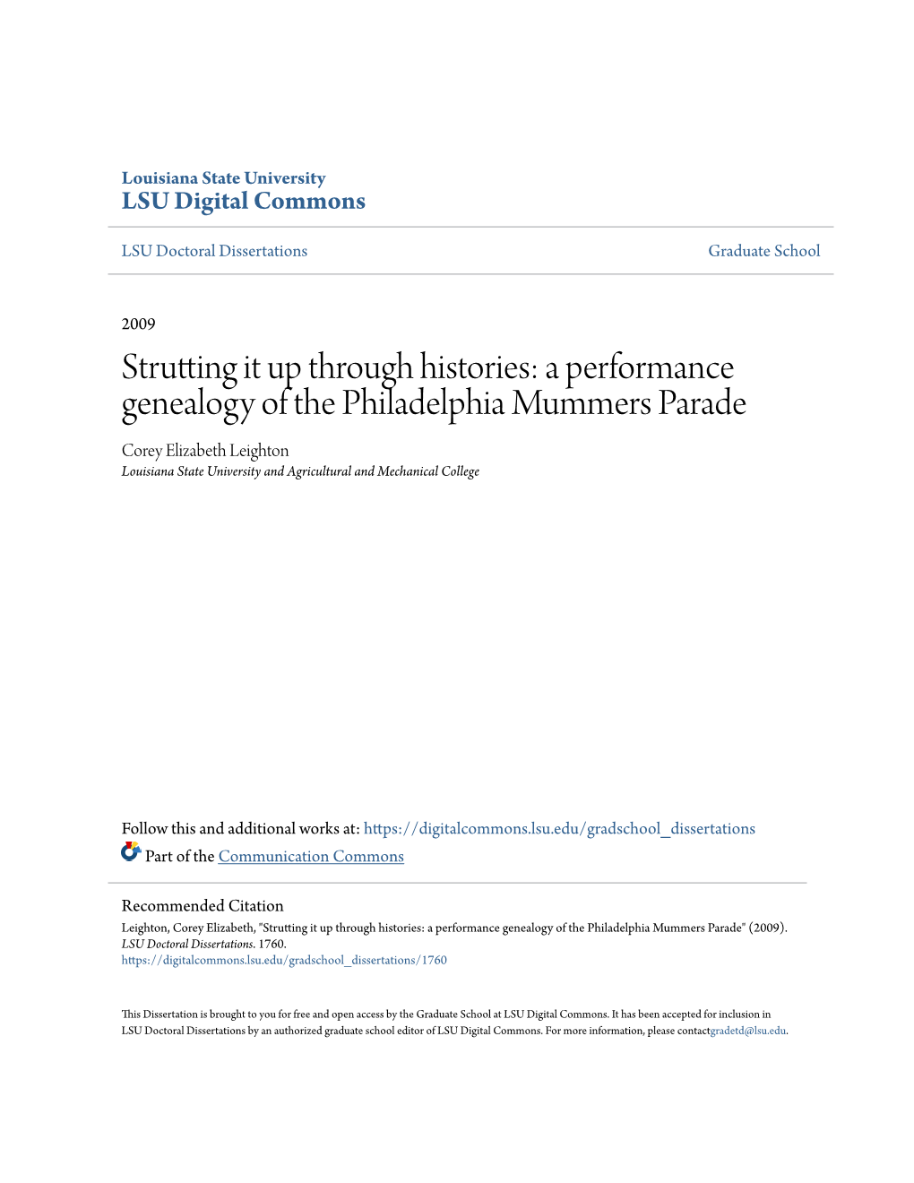 A Performance Genealogy of the Philadelphia Mummers Parade Corey Elizabeth Leighton Louisiana State University and Agricultural and Mechanical College