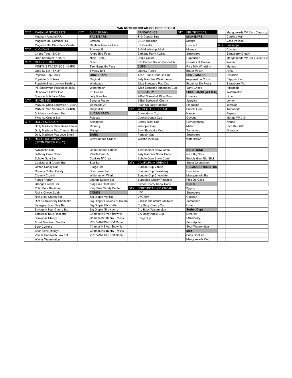 Van Nuys Icecream Order Form