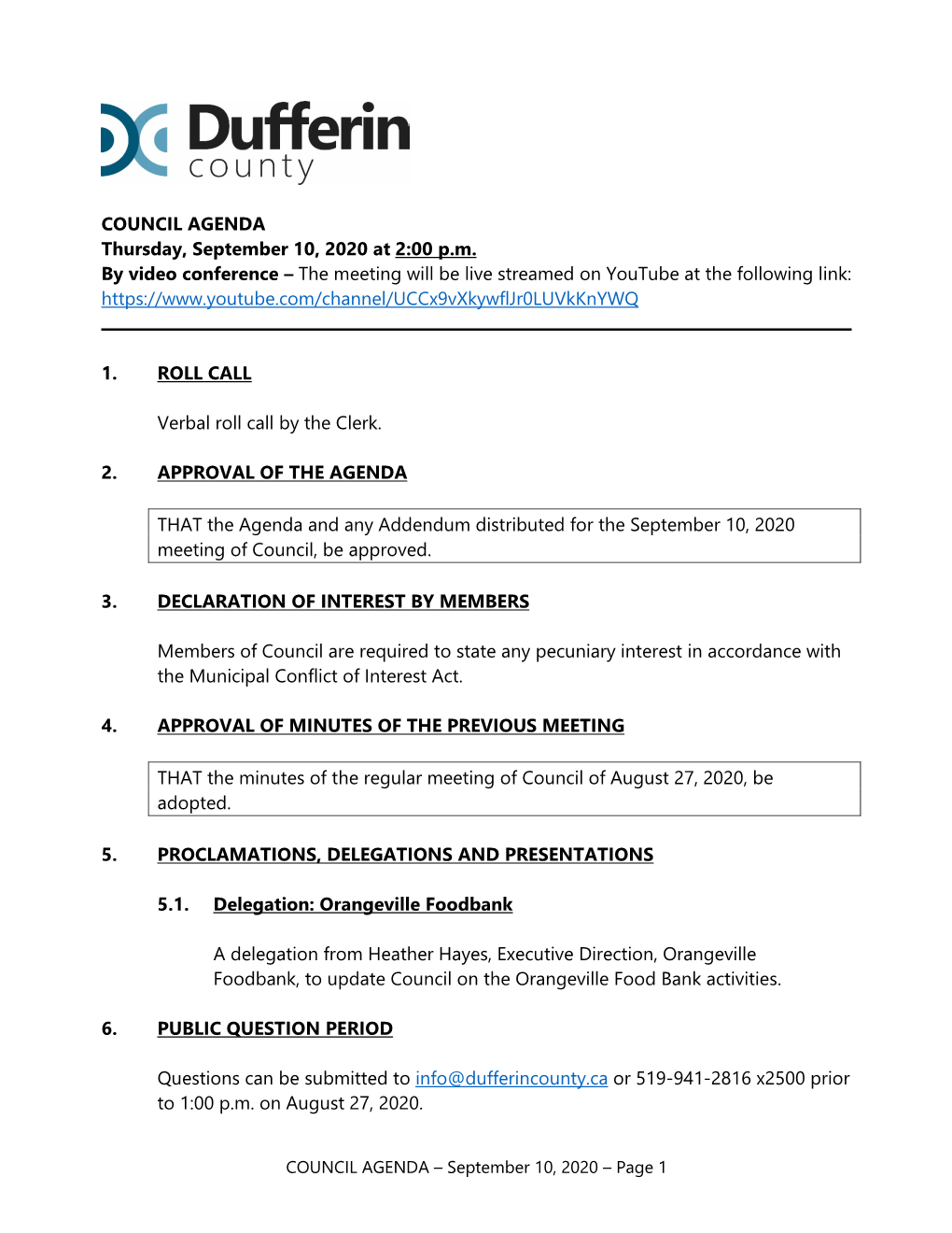 COUNCIL AGENDA – September 10, 2020 – Page 1 7