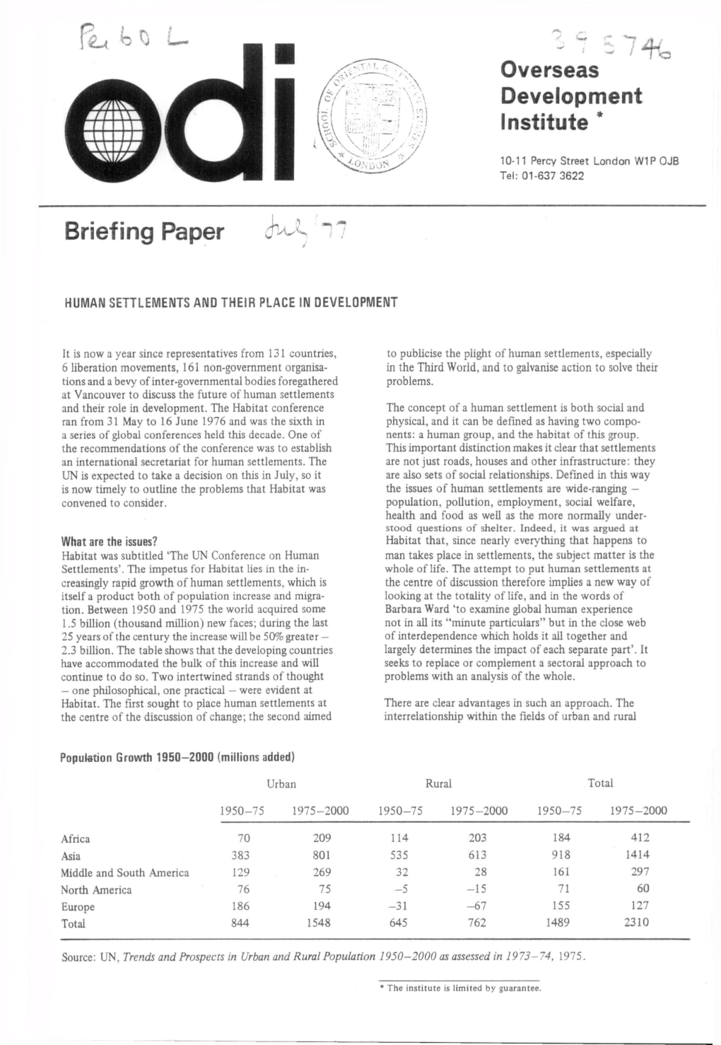 Human Settlements and Their Place in Development