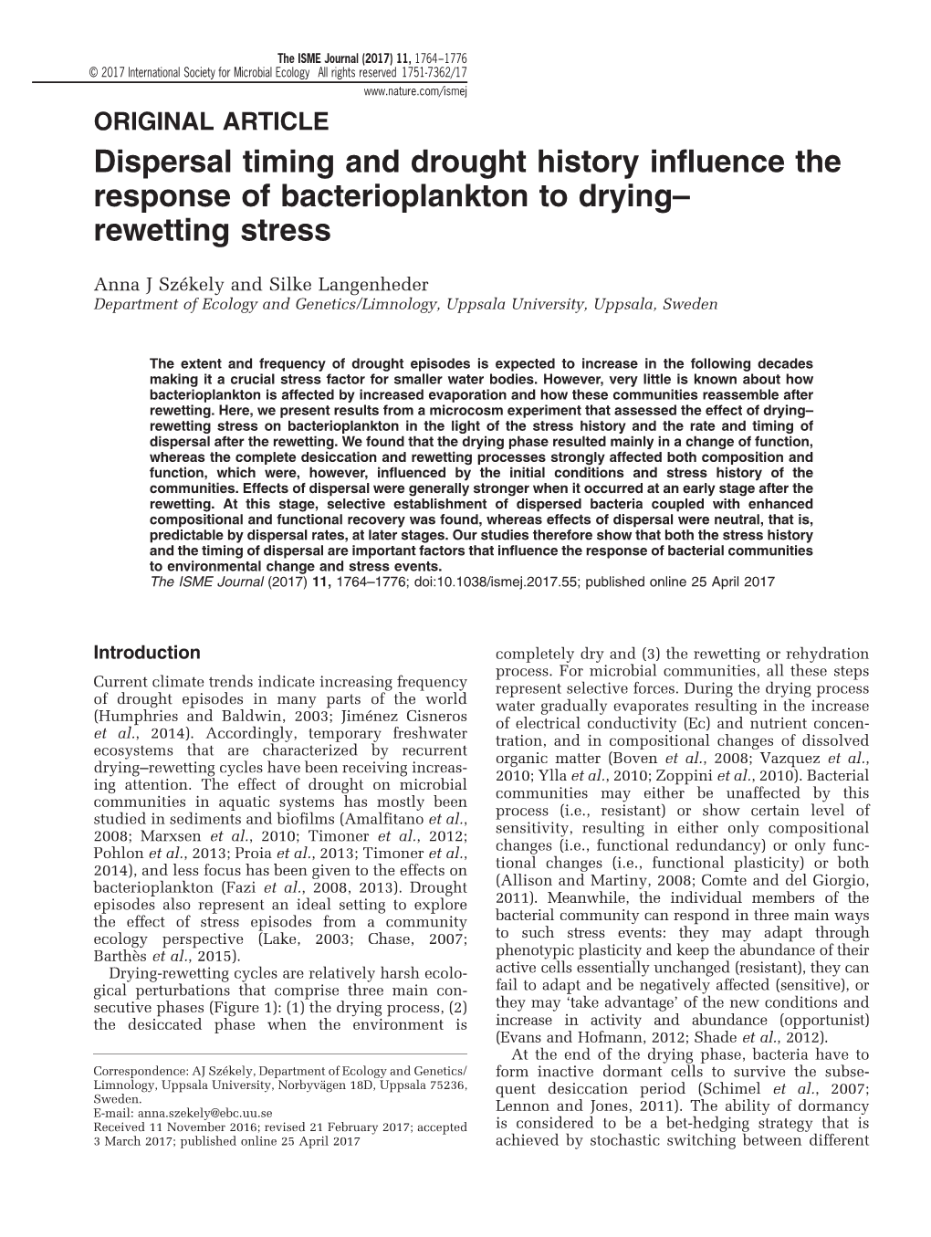 Dispersal Timing and Drought History Influence the Response of Bacterioplankton to Drying– Rewetting Stress