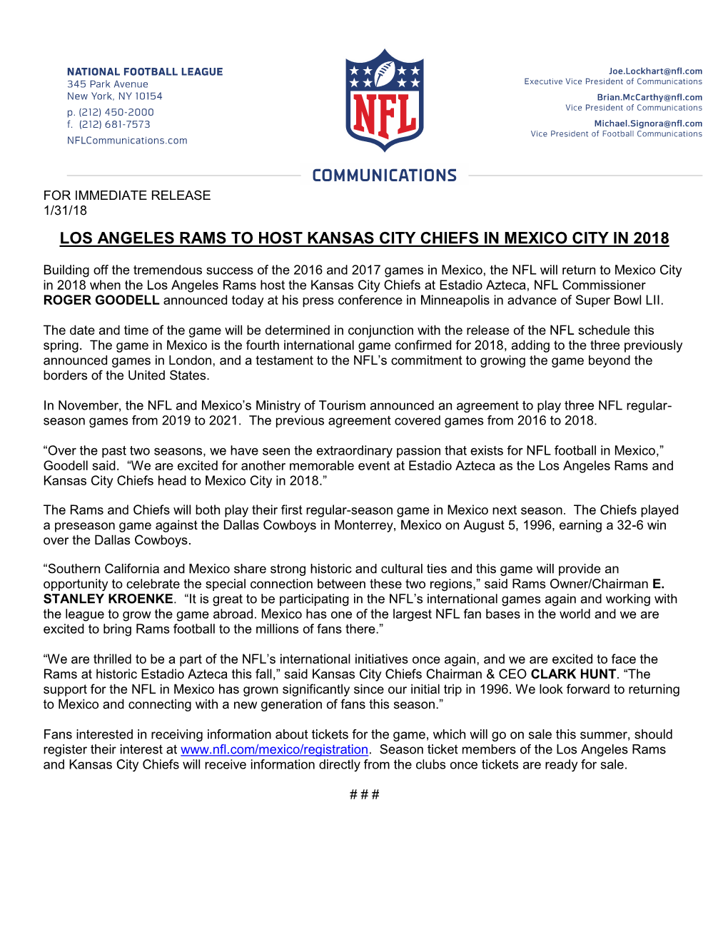 Los Angeles Rams to Host Kansas City Chiefs in Mexico City in 2018
