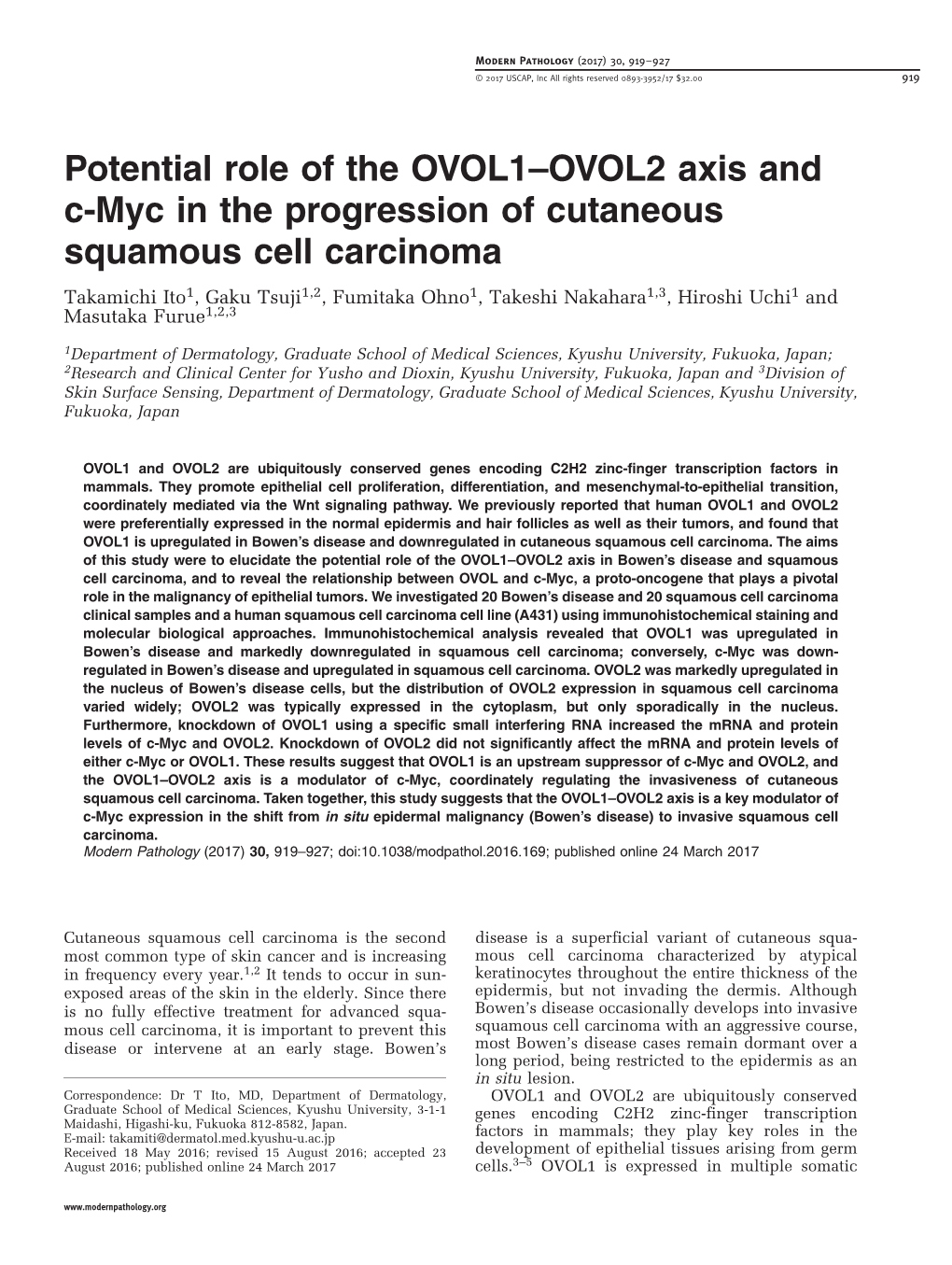 OVOL2 Axis and C-Myc in the Progression of Cutaneous