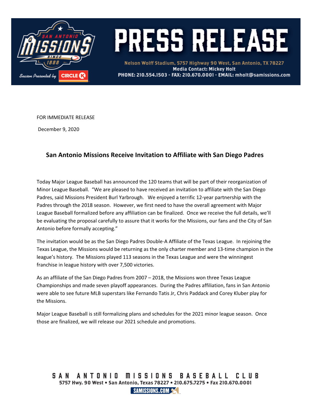 MLB-Padres Affliation Invitation