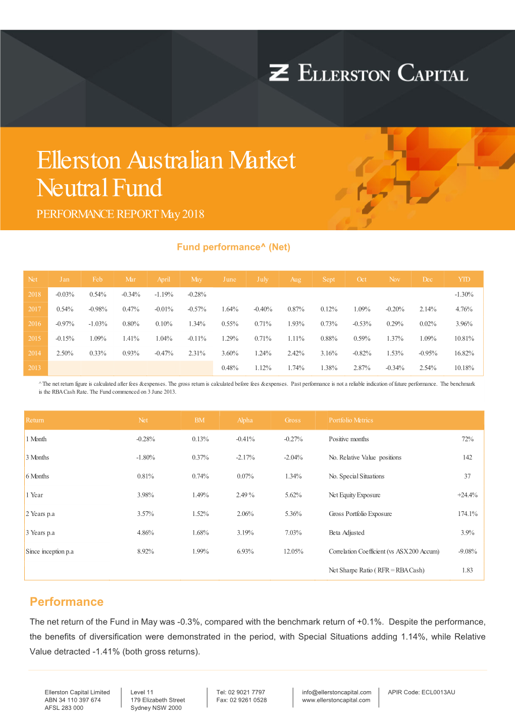 Ellerston Australian Market Neutral Fund PERFORMANCE REPORT May 2018