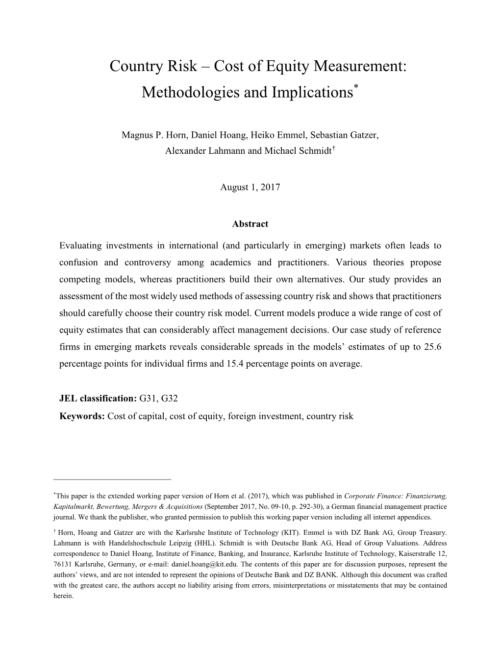 Country Risk – Cost of Equity Measurement: Methodologies and Implications*