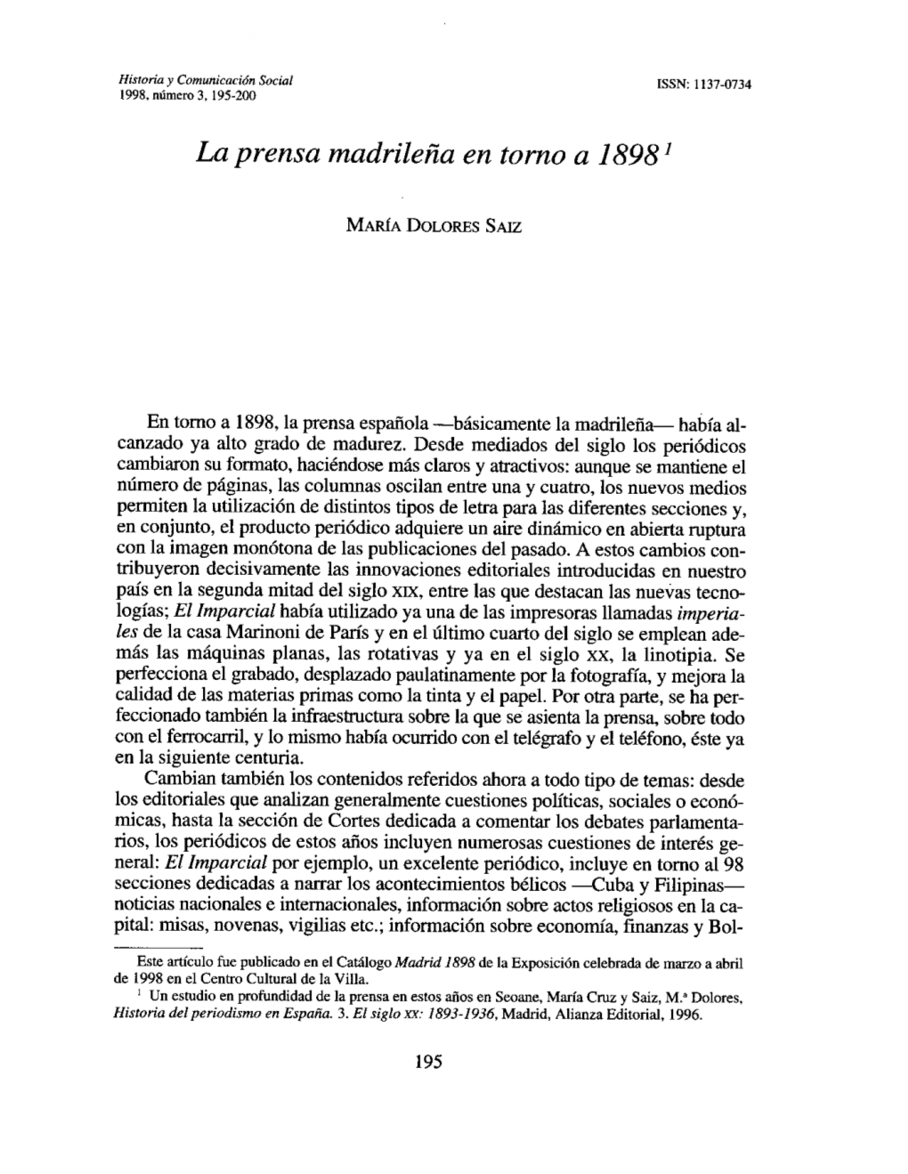 La Prensa Madrileña En Torno a 1898'