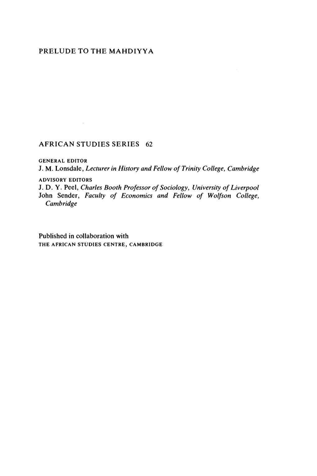 Prelude to the Mahdiyya African Studies Series 62 Jm
