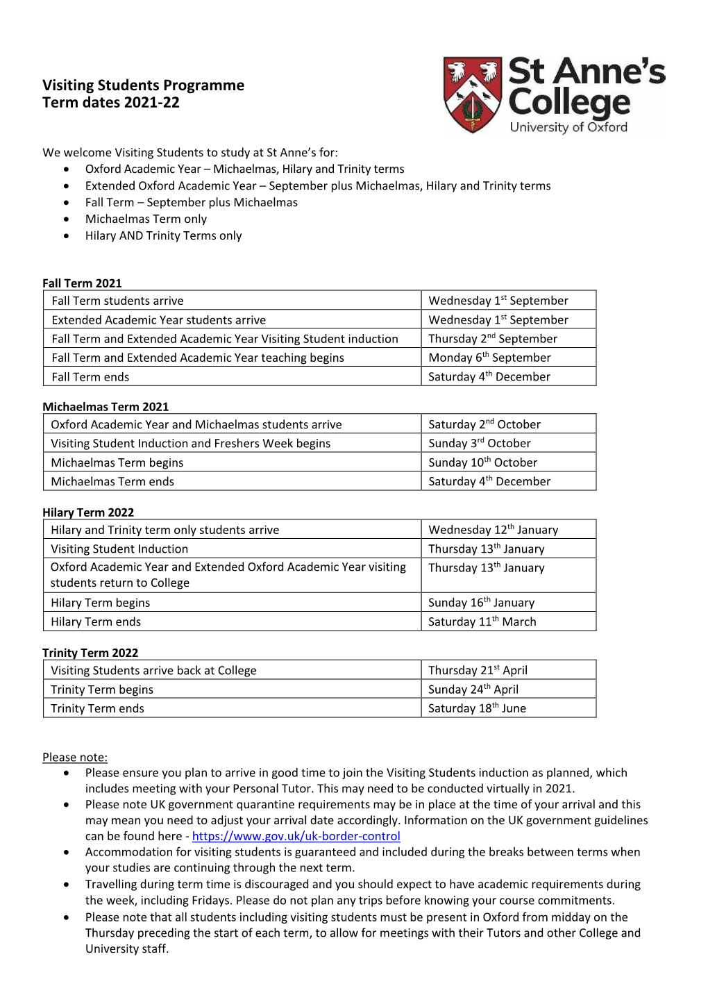 Visiting Students Programme Term Dates 2021-22