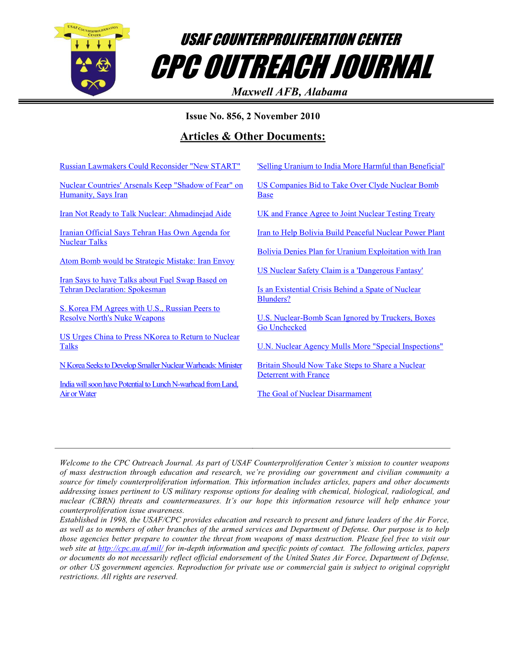 USAF Counterproliferation Center Outreach Journal #856