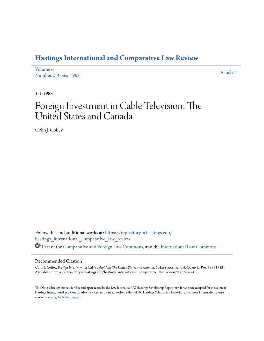 Foreign Investment in Cable Television: the United States and Canada Colin J