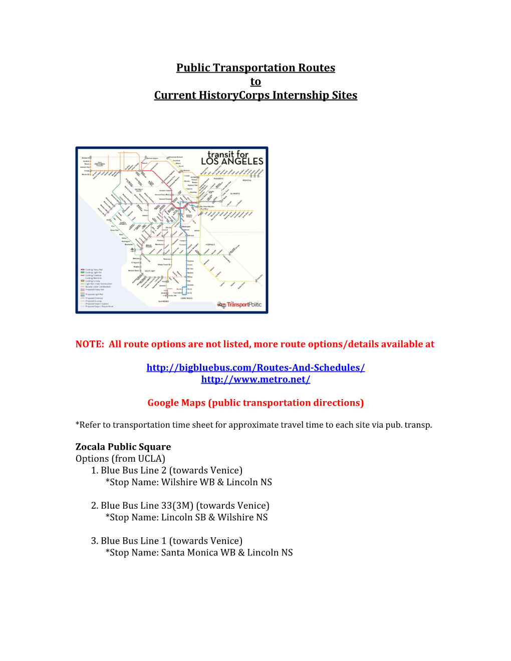 Public Transportation Routes to Current Historycorps Internship Sites