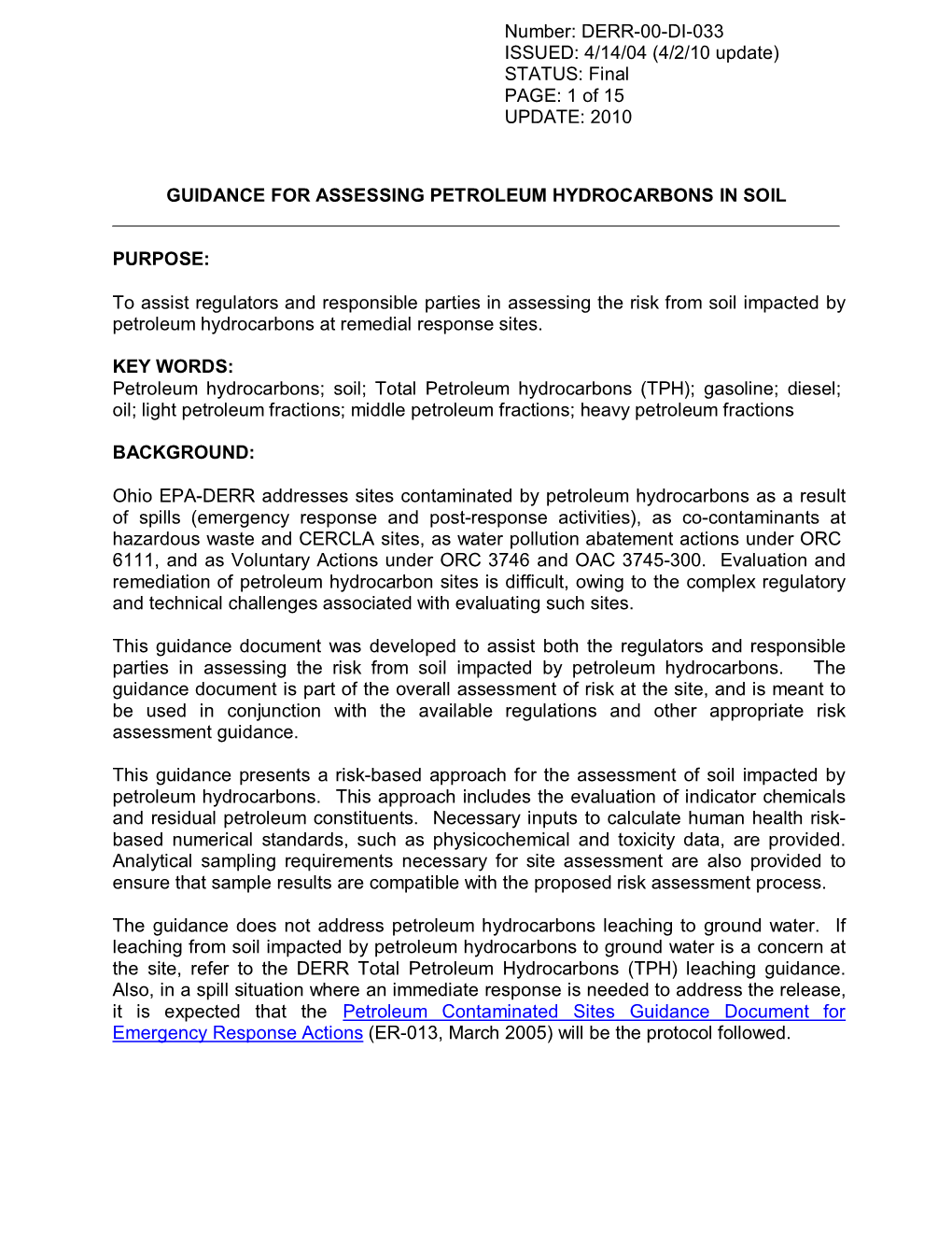 Guidance for Assessing Petroleum Hydrocarbons in Soil