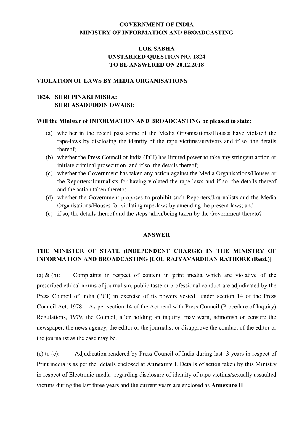 Government of India Ministry of Information and Broadcasting Lok Sabha Unstarred Question No. 1824 to Be Answered on 20.12.2018