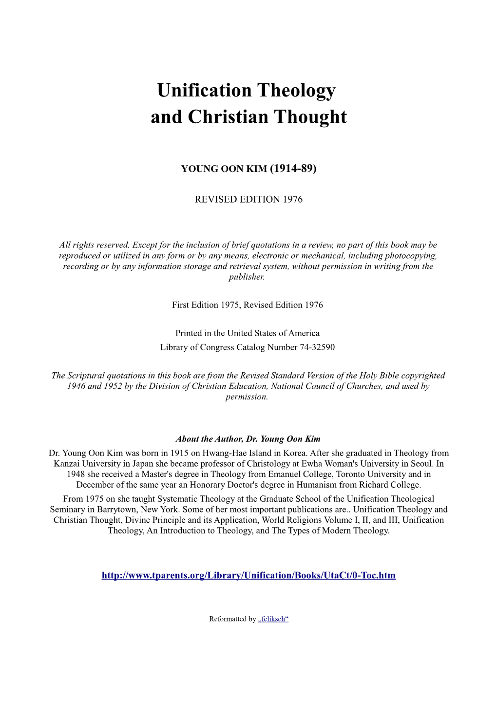 Unification Theology and Christian Thought