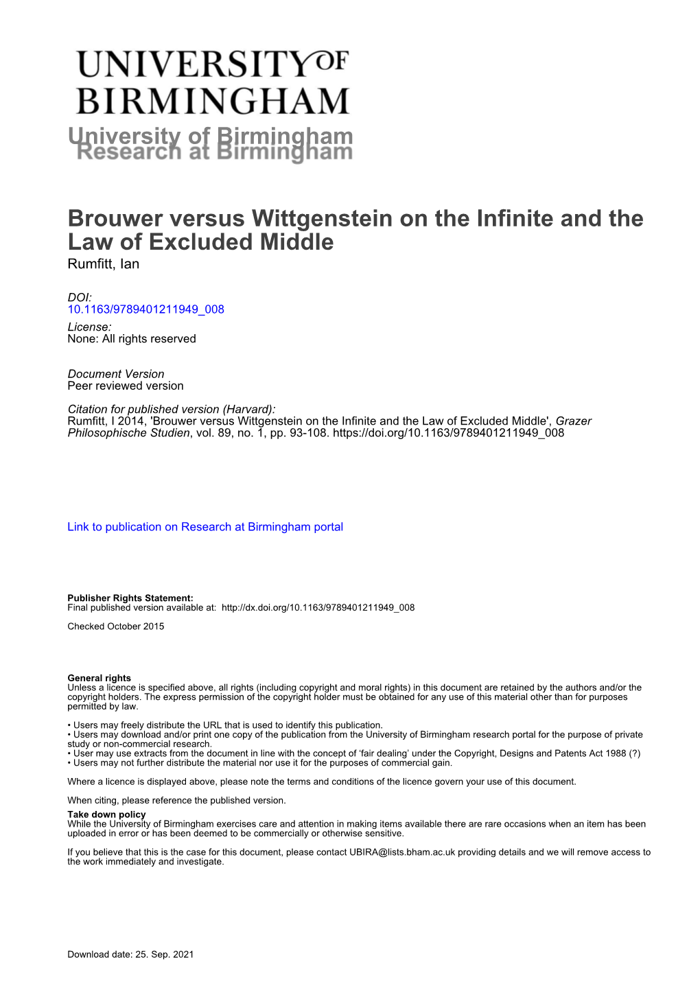 University of Birmingham Brouwer Versus Wittgenstein on the Infinite