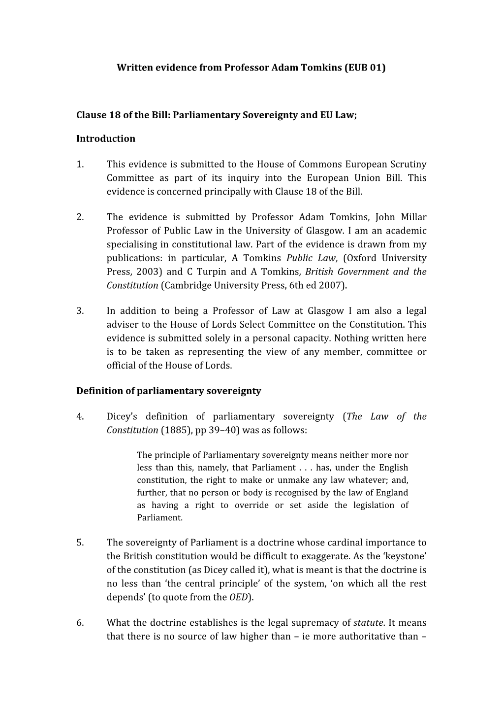 (EUB 01) Clause 18 of the Bill: Parliamentary Sovereignty and EU