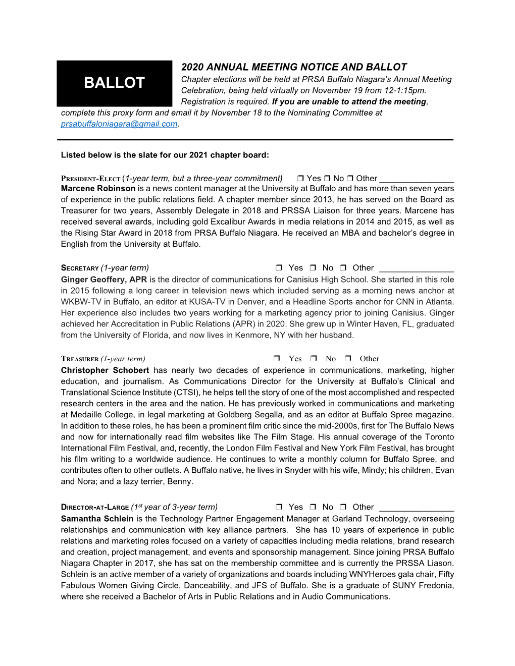 BALLOT Chapter Elections Will Be Held at PRSA Buffalo Niagara’S Annual Meeting BALLOT Celebration, Being Held Virtually on November 19 from 12-1:15Pm