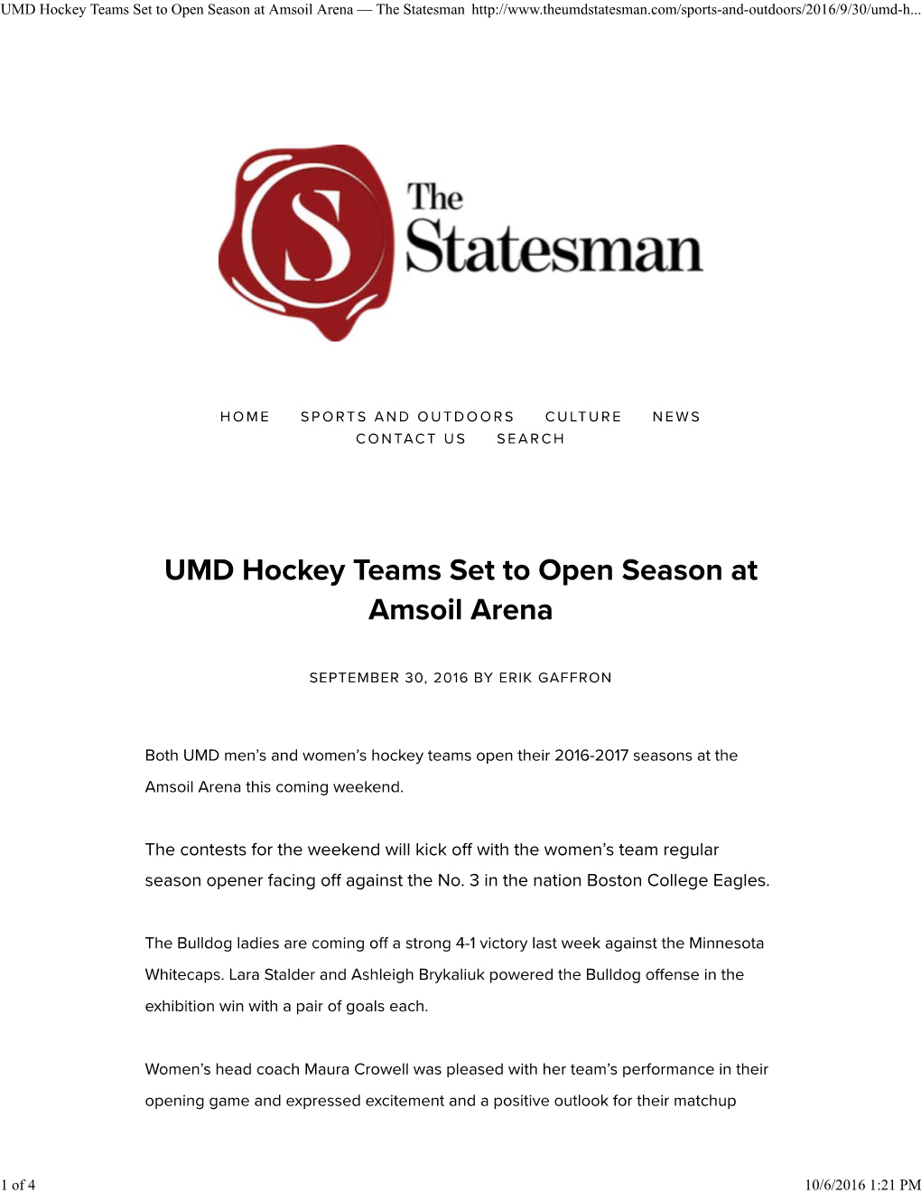 UMD Hockey Teams Set to Open Season at Amsoil Arena (2016-09-30)