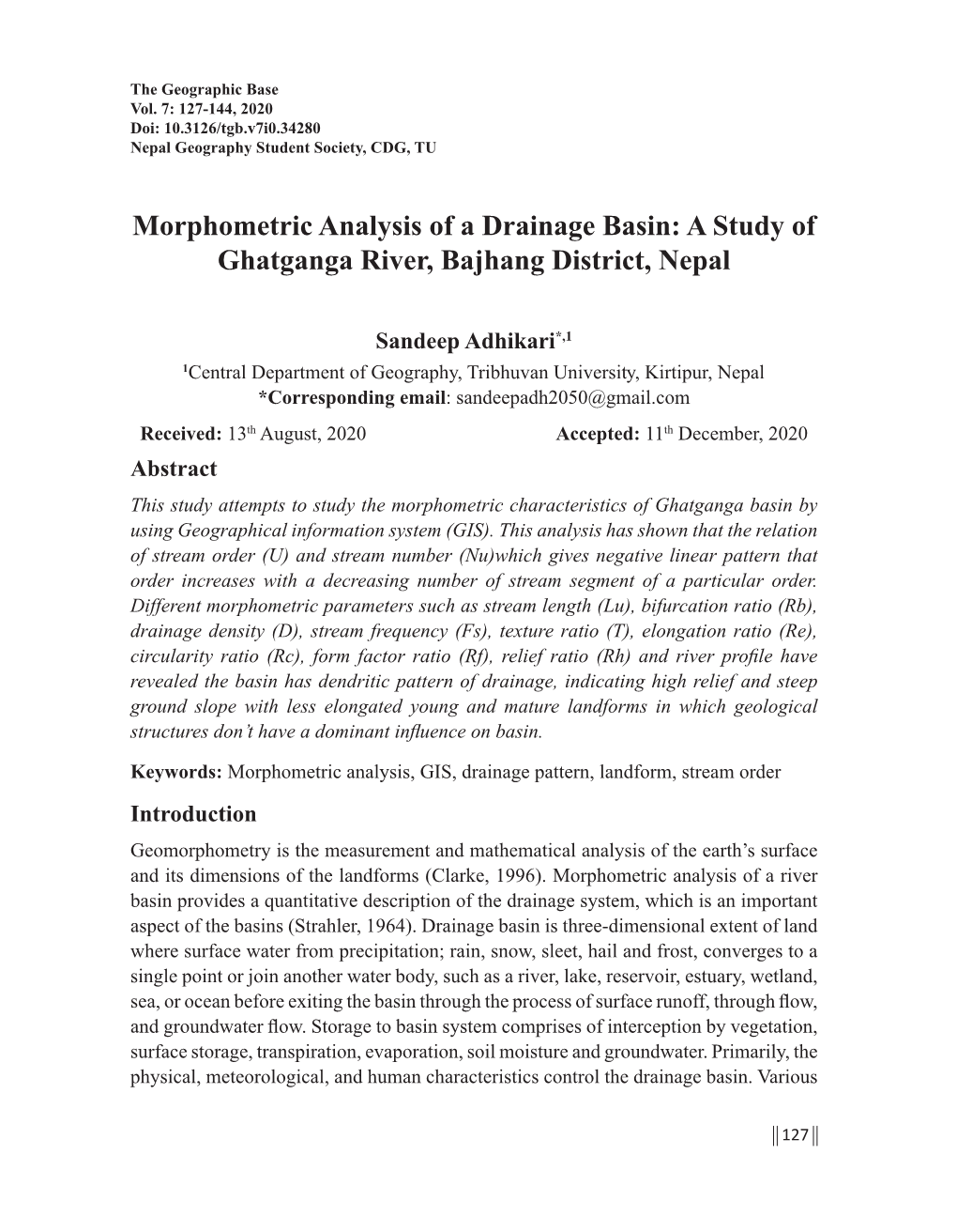 Morphometric Analysis of a Drainage Basin: a Study of Ghatganga River, Bajhang District, Nepal