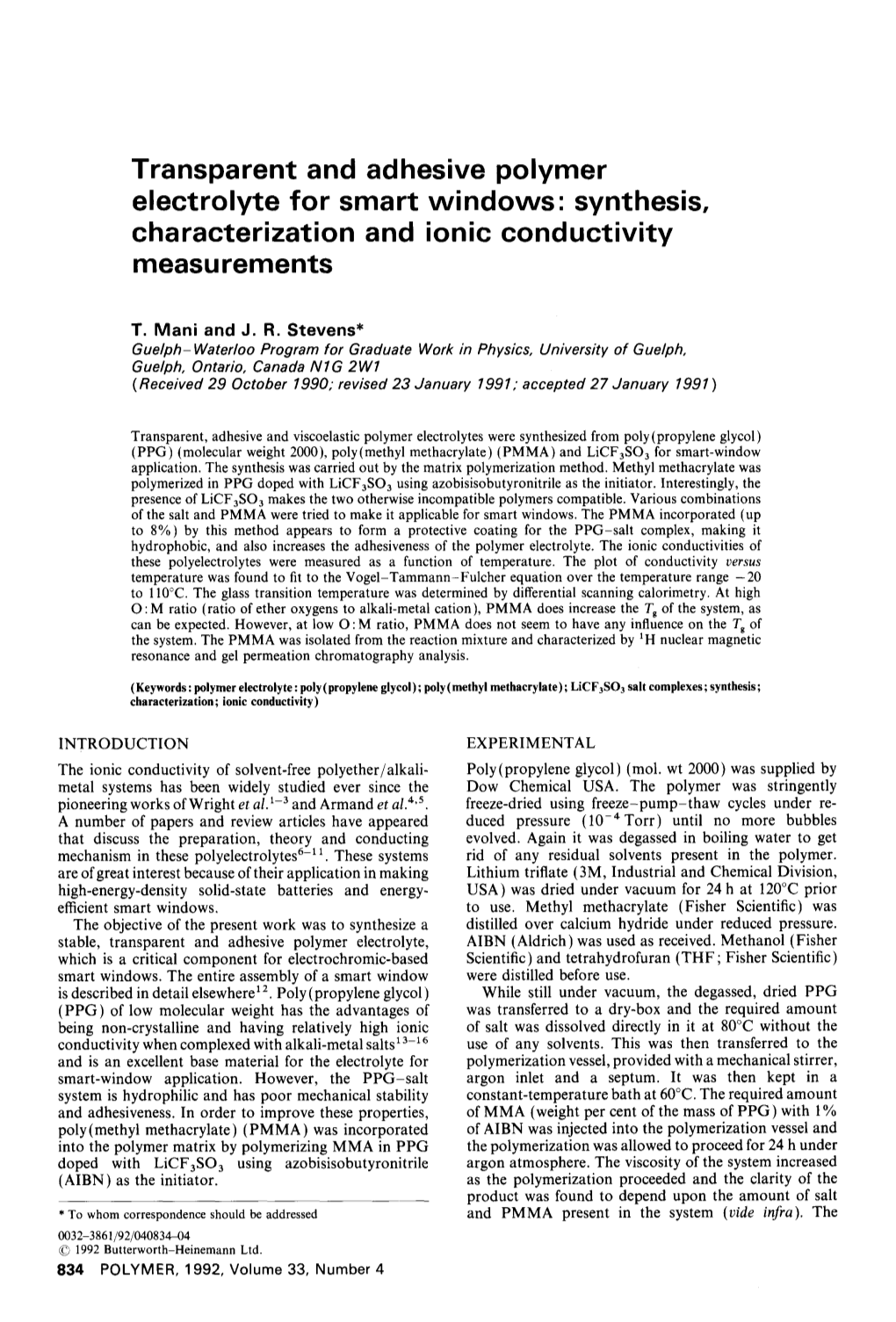 Transparent and Adhesive Polymer Electrolyte for Smart Windows: Synthesis, Characterization and Ionic Conductivity Measurements