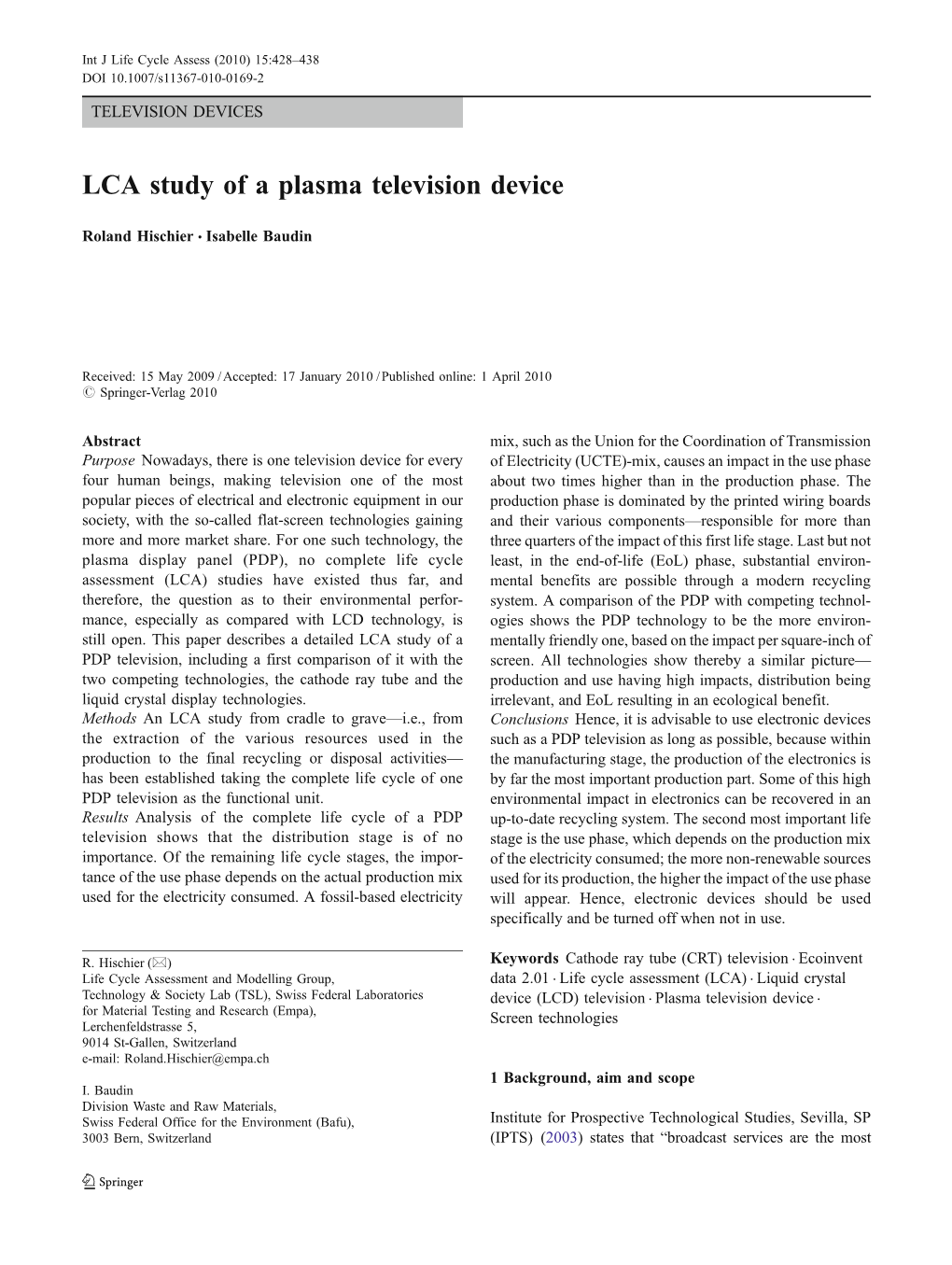 LCA Study of a Plasma Television Device