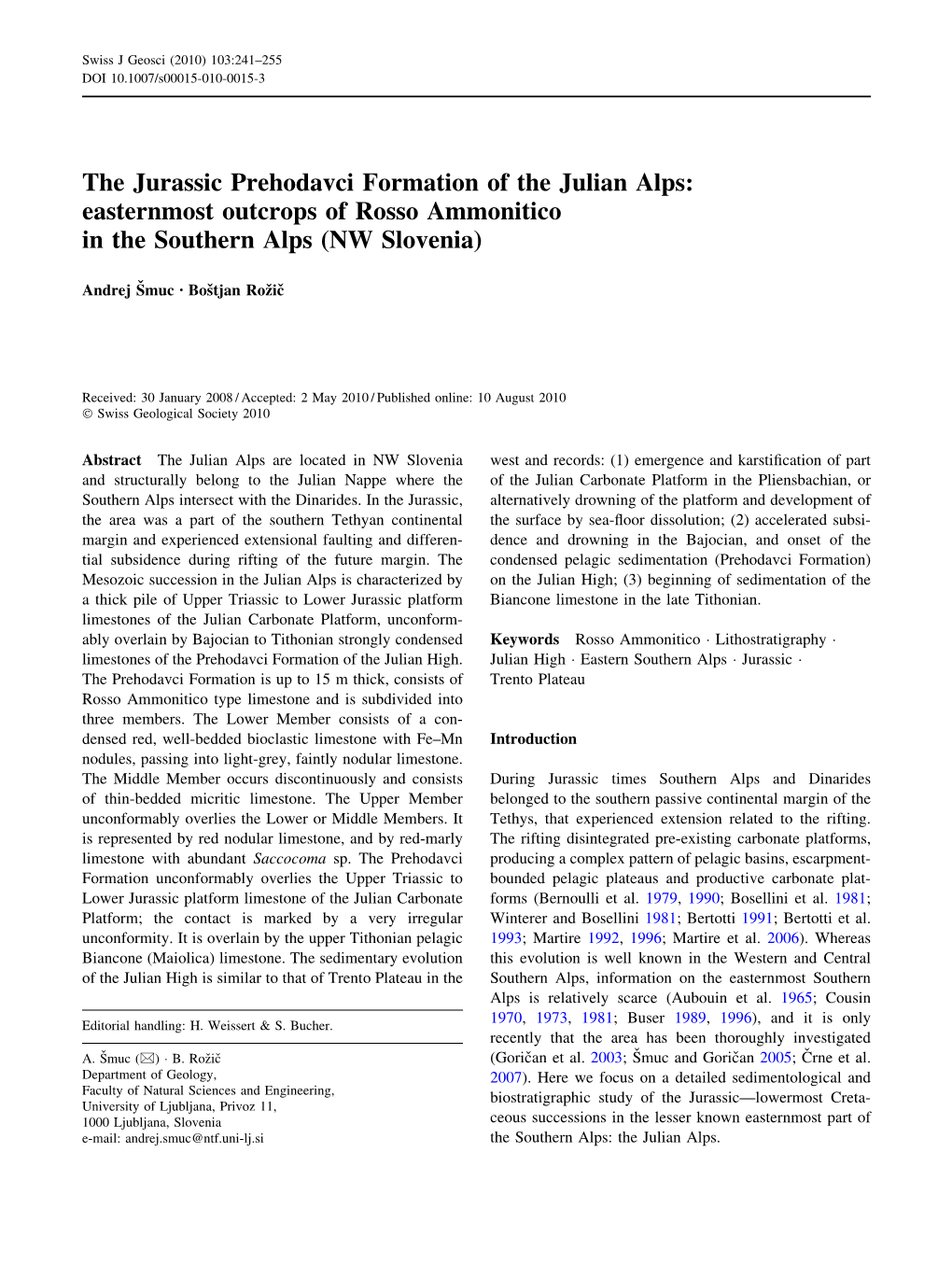 The Jurassic Prehodavci Formation of the Julian Alps: Easternmost Outcrops of Rosso Ammonitico in the Southern Alps (NW Slovenia)