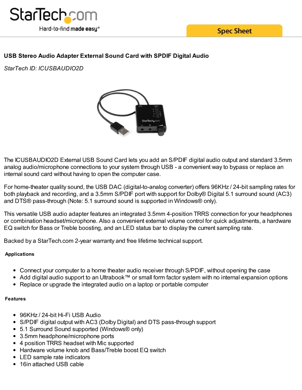 USB Stereo Audio Adapter External Sound Card with SPDIF Digital Audio