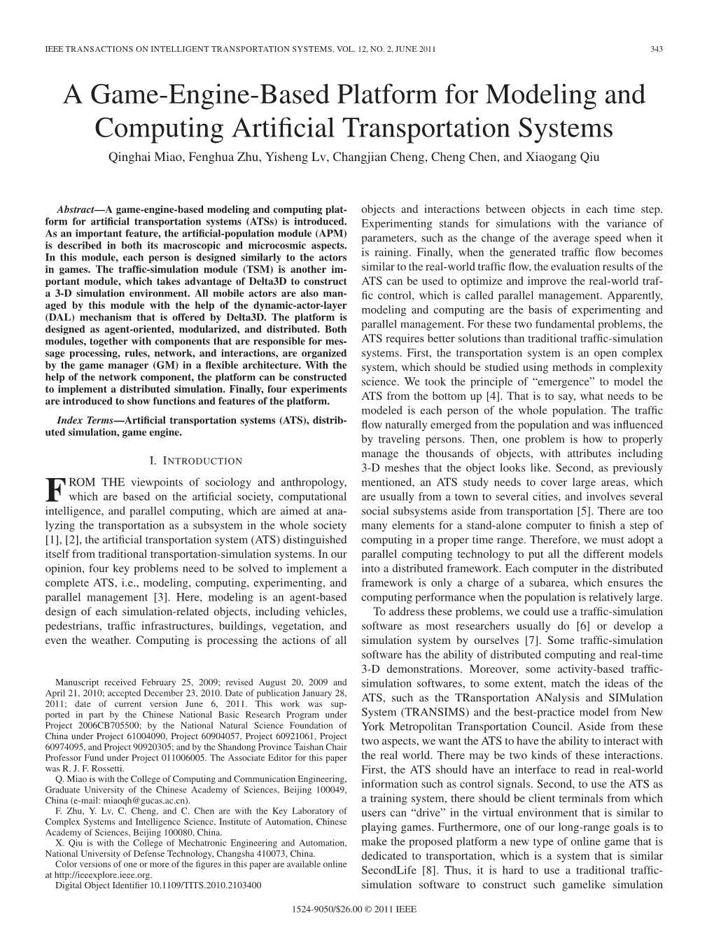 A Game-Engine-Based Platform for Modeling and Computing Artificial Transportation Systems