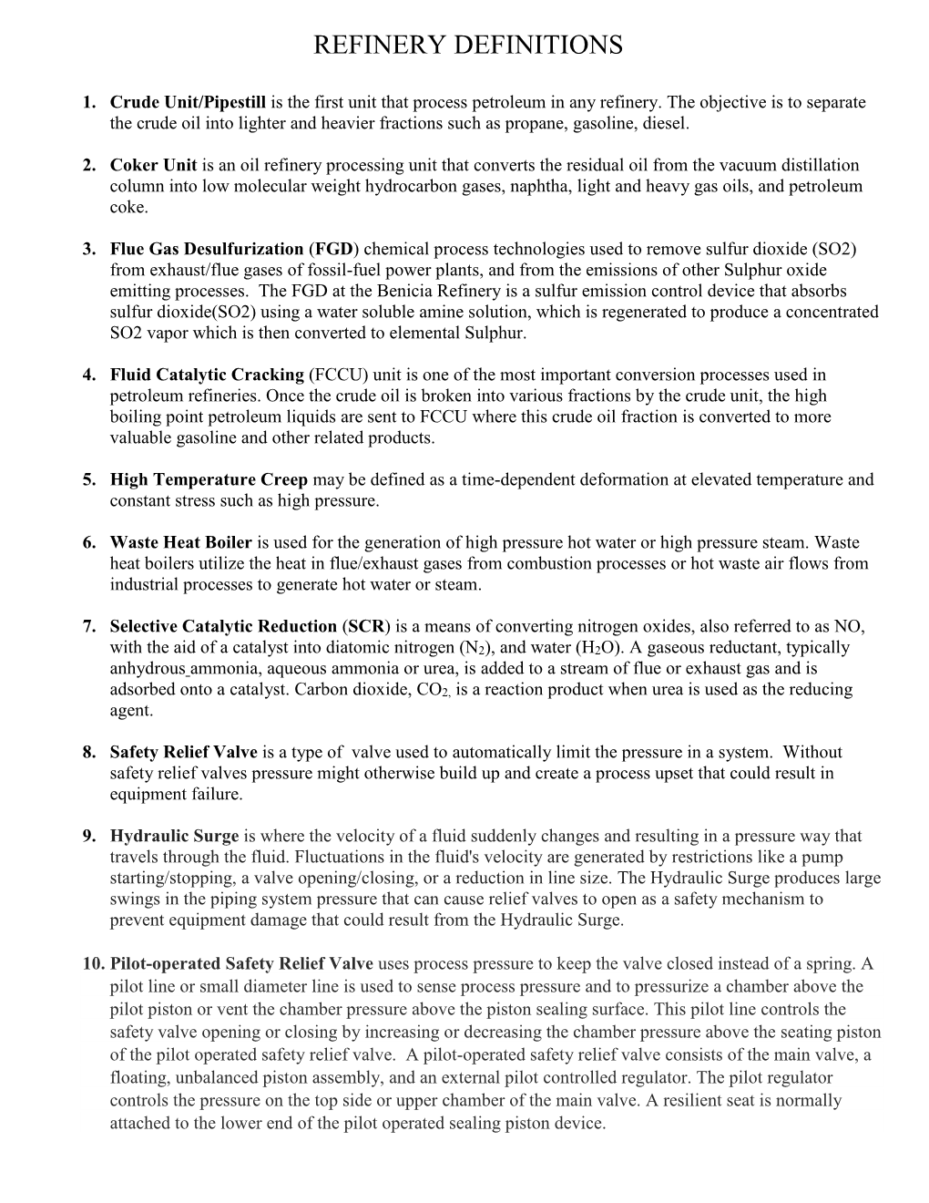 Refinery Definitions