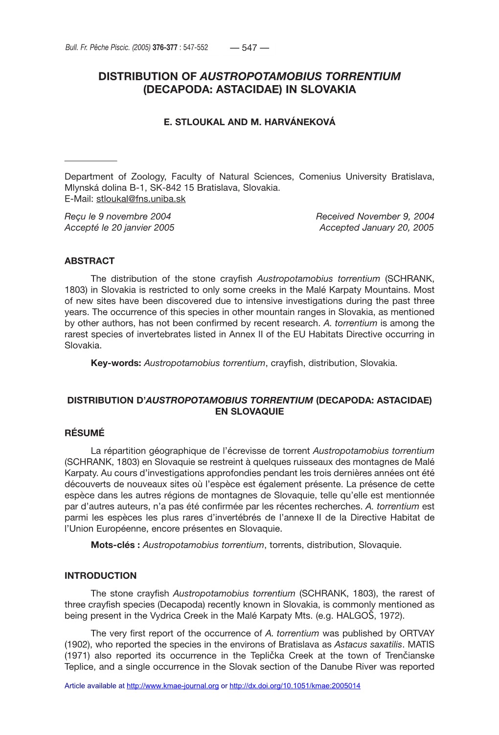 Distribution of Austropotamobius Torrentium (Decapoda: Astacidae) in Slovakia