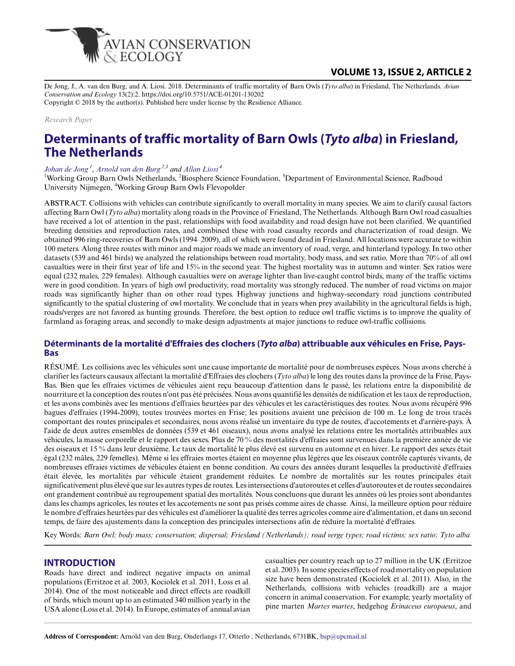 Determinants of Traffic Mortality of Barn Owls (Tyto Alba) in Friesland, the Netherlands