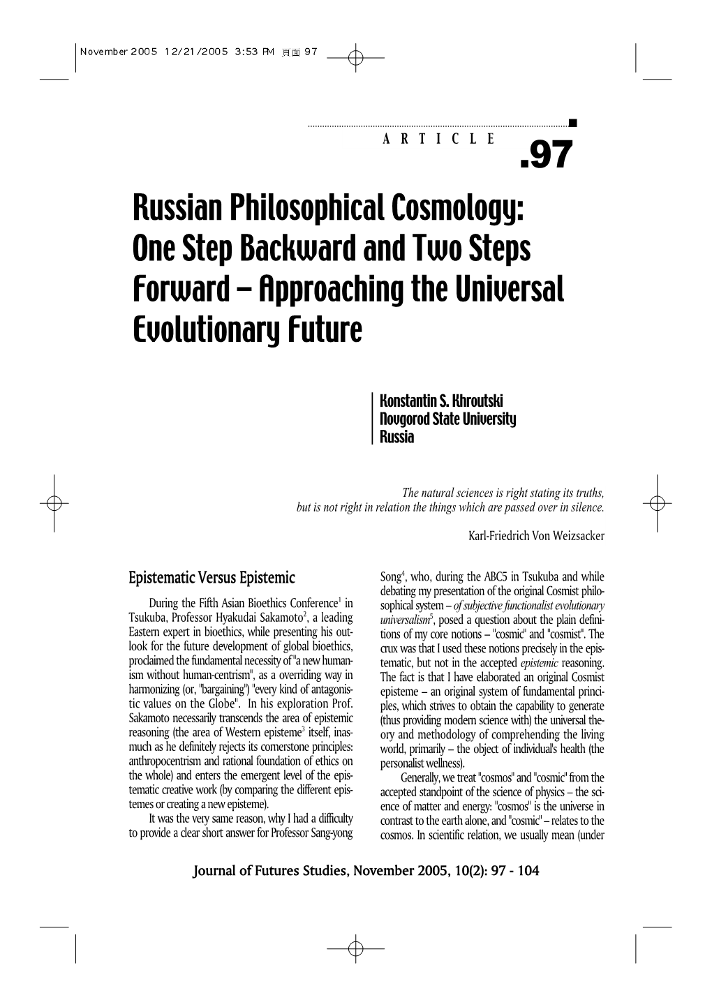 November 2005, 10(2): 97 - 104 Journal of Futures Studies