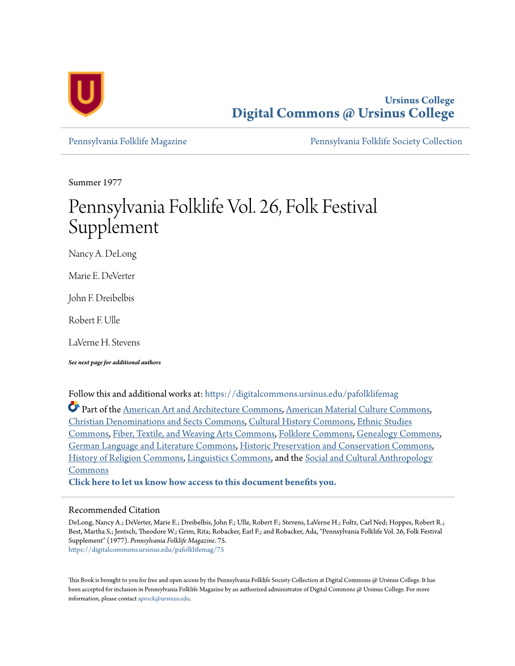 Pennsylvania Folklife Vol. 26, Folk Festival Supplement Nancy A