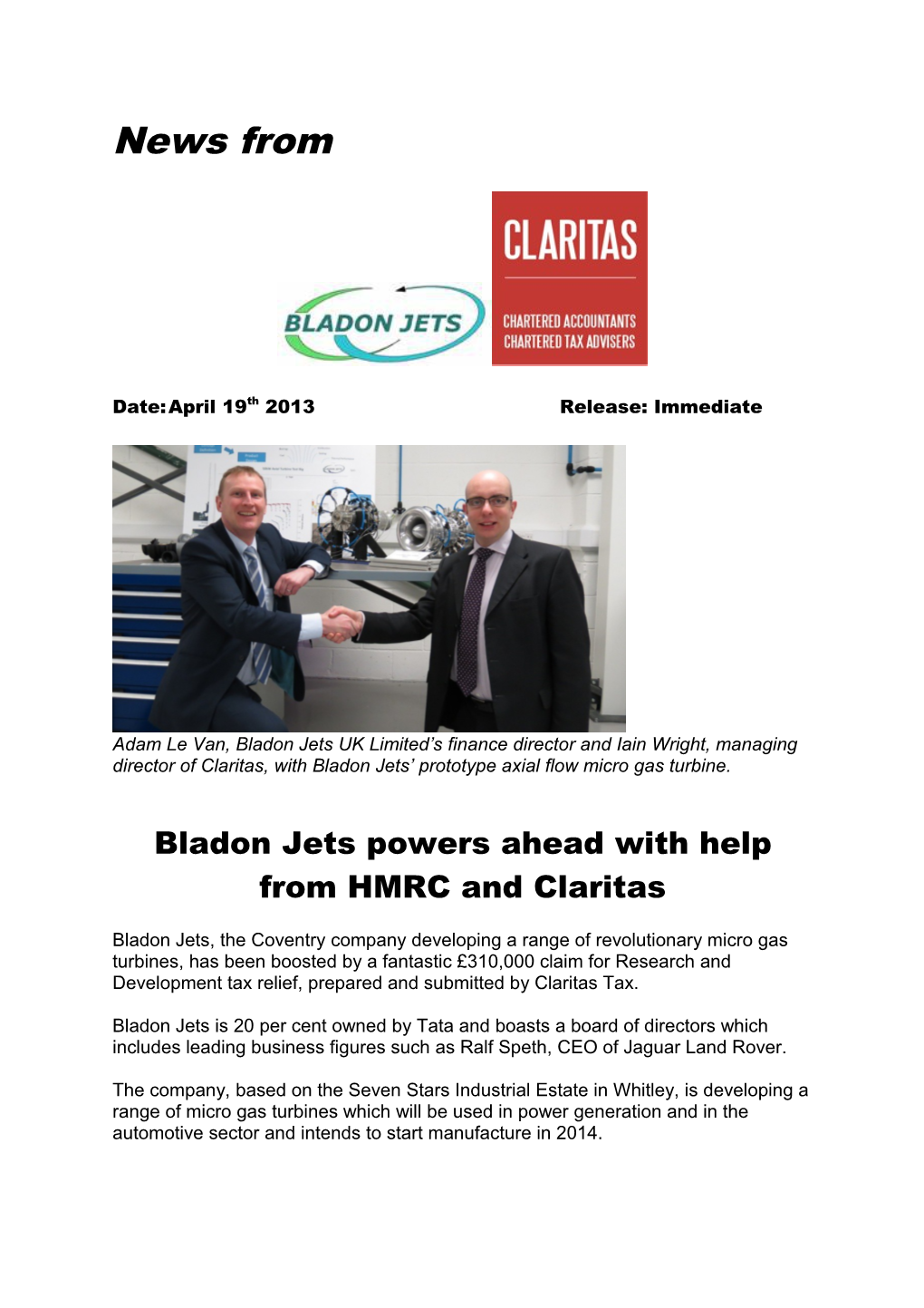 Bladon Jets Powers Ahead with Help from HMRC and Claritas