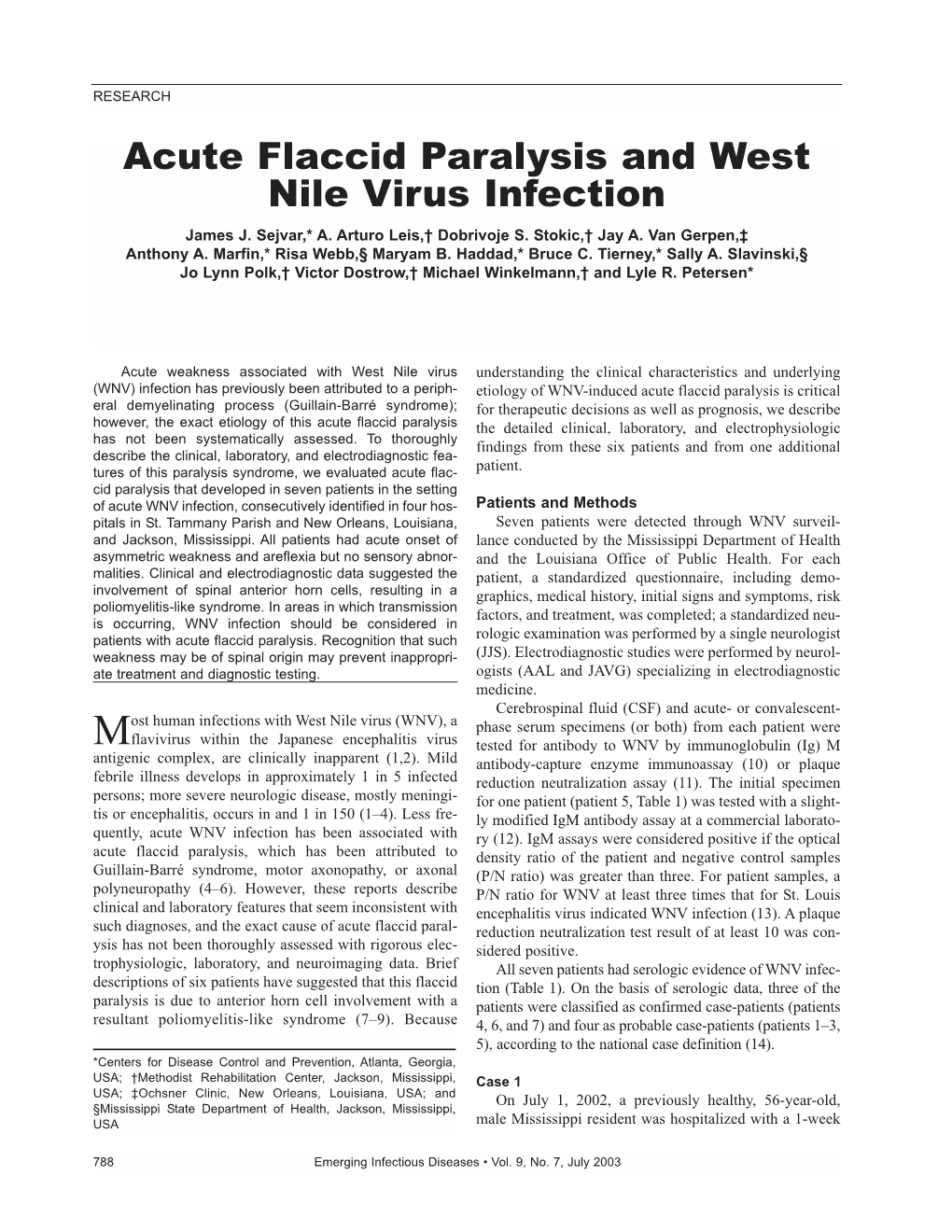 Acute Flaccid Paralysis and West Nile Virus Infection James J