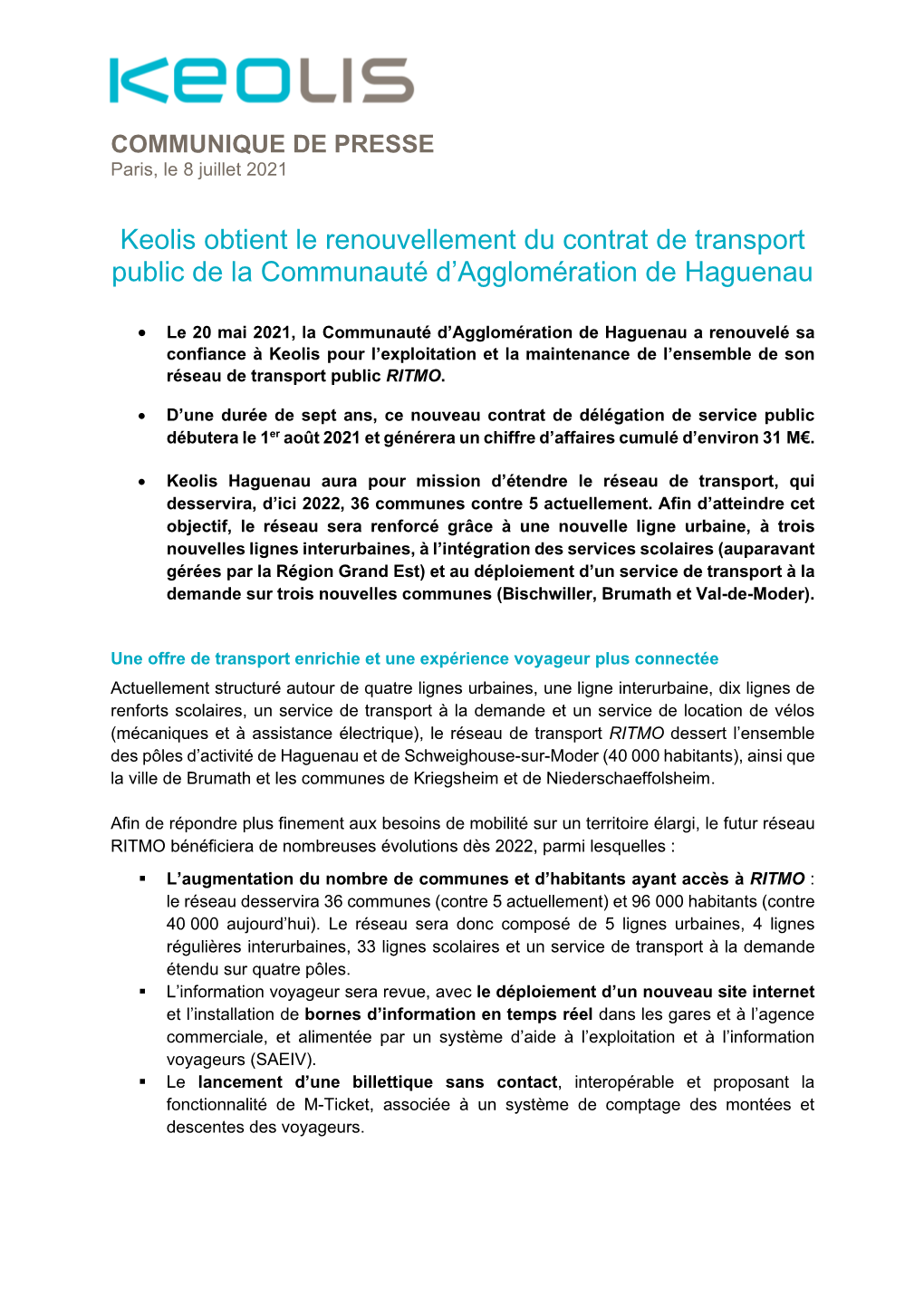 Keolis Obtient Le Renouvellement Du Contrat De Transport Public De La Communauté D’Agglomération De Haguenau